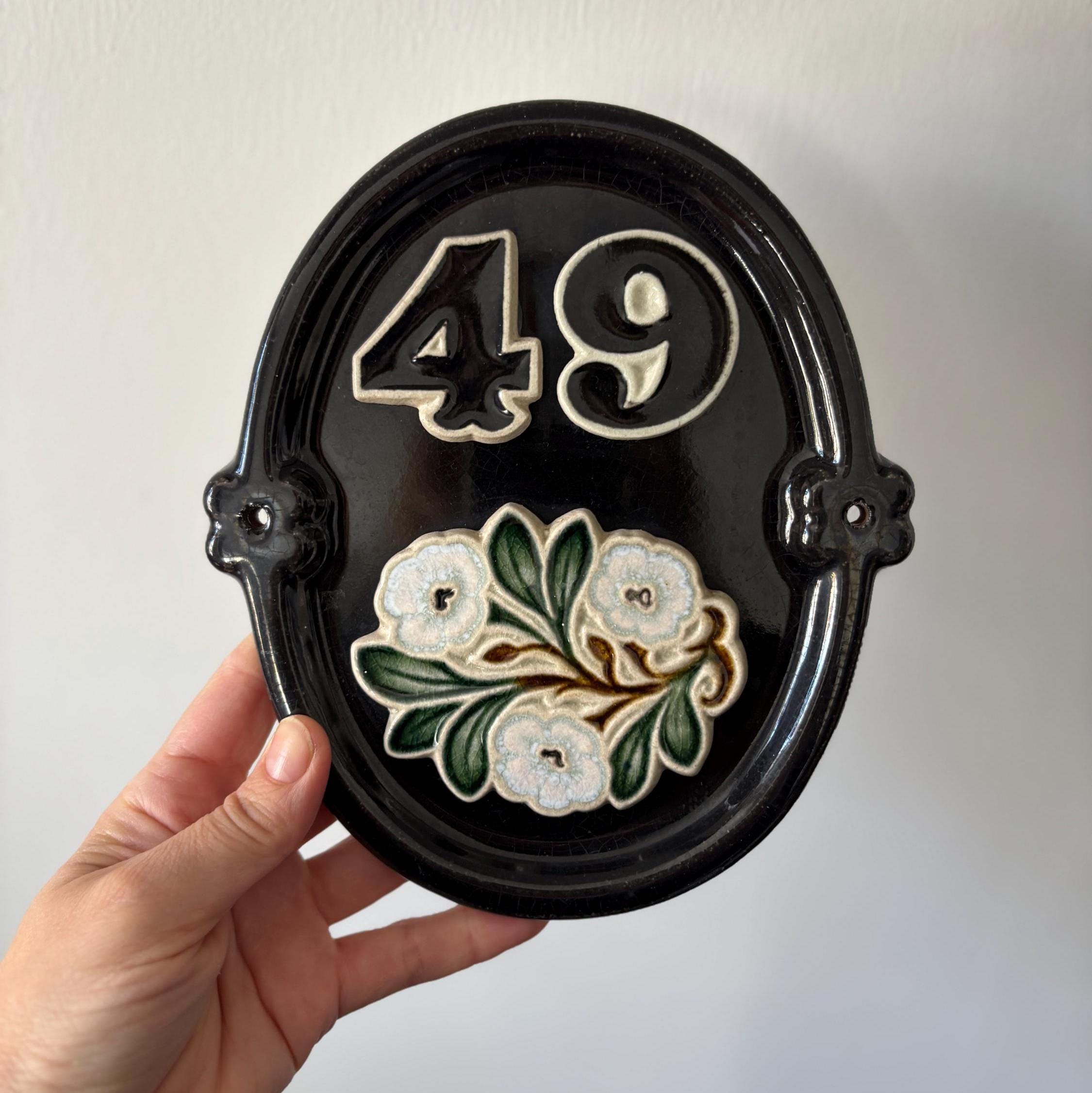 Vintage Ceramic House Number 49 Plaque Floral Door Number Sign Wall Hanging
