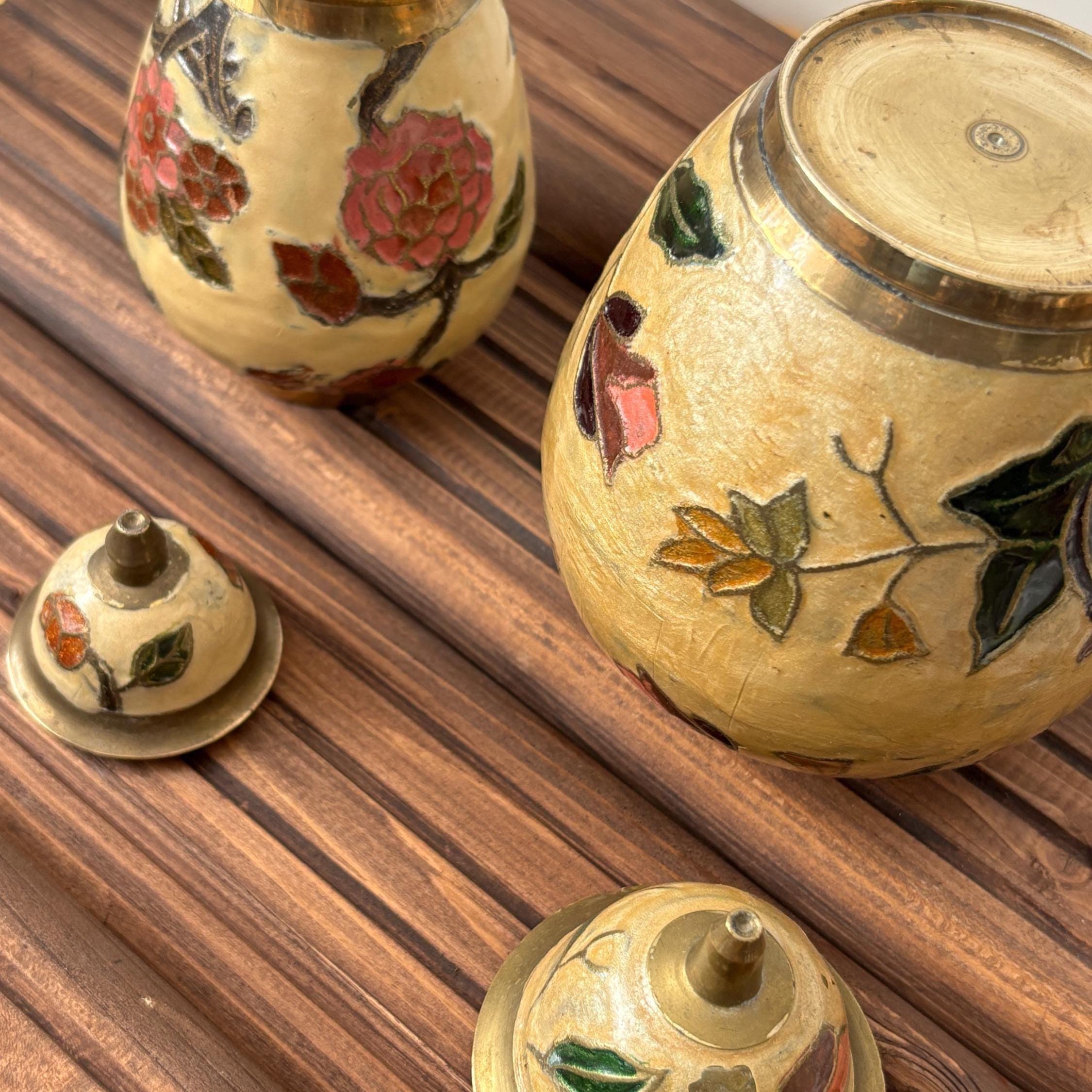 Vintage Brass Cloisonné Ginger Jar: Hand-Painted Floral Enamel