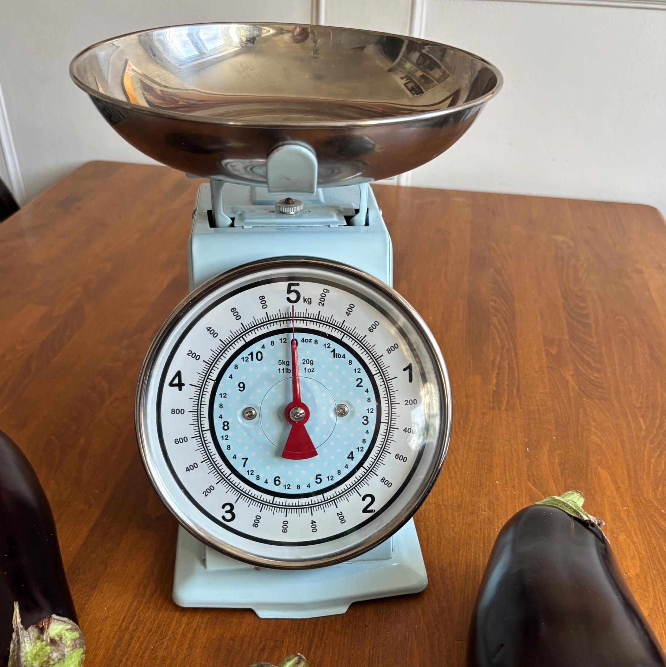 Vintage Kitchen Scales 5kg Blue Metal Scale with Stainless Steel Bowl