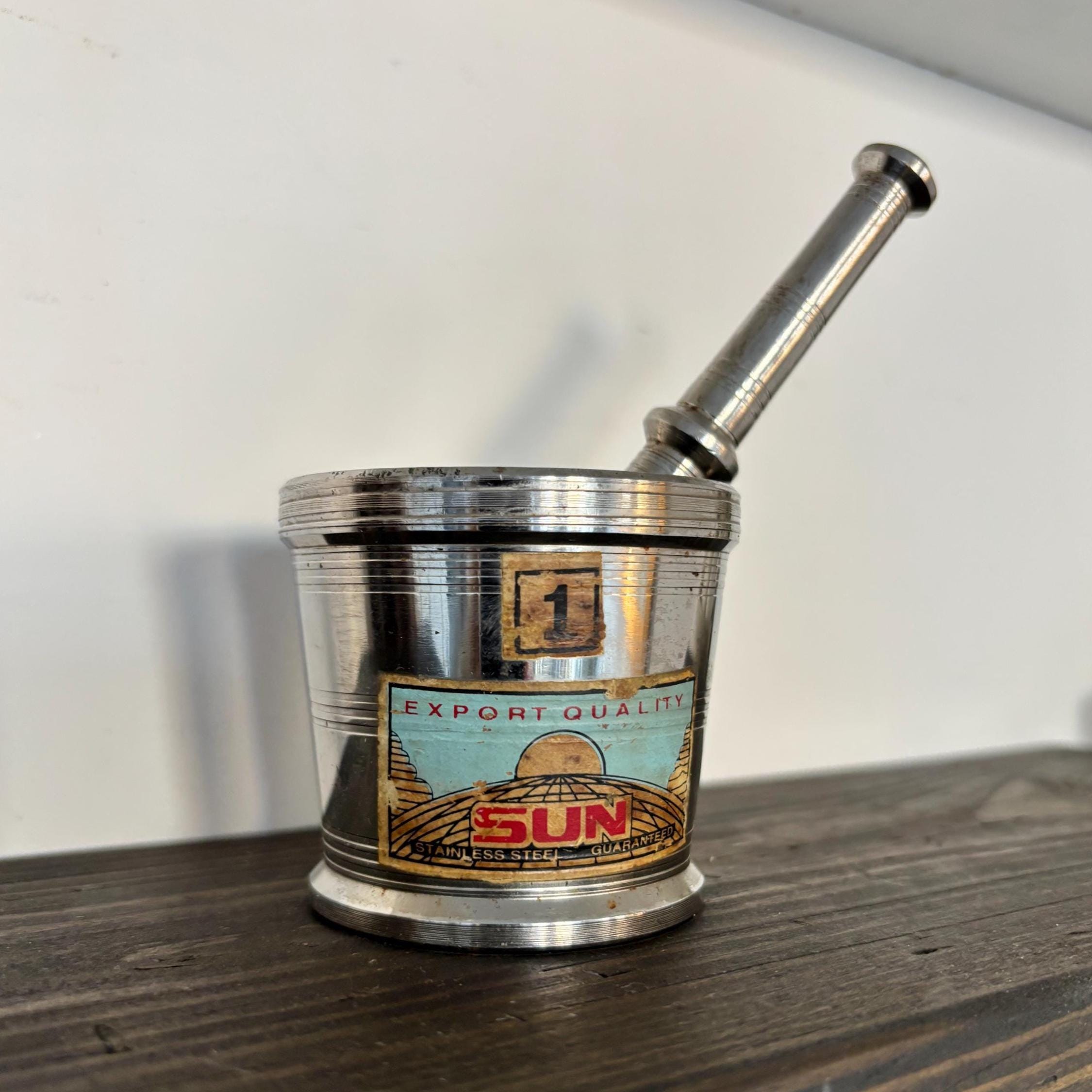 Vintage “SUN” Stainless Steel Mortar and Pestle | Mini Spice Grinder with Original Export Label