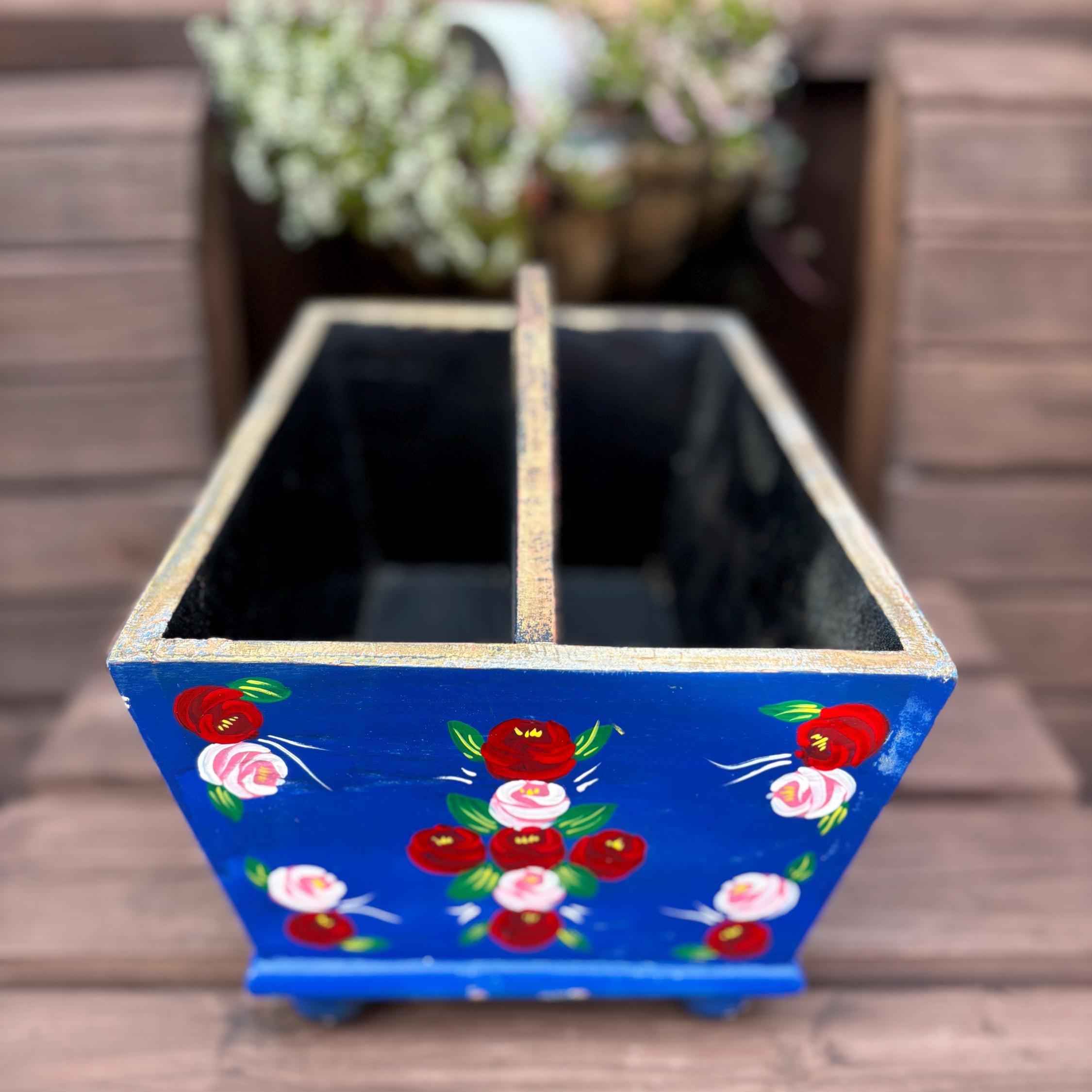 Hand-Painted Wooden Caddy | Folk Art Floral Storage Box