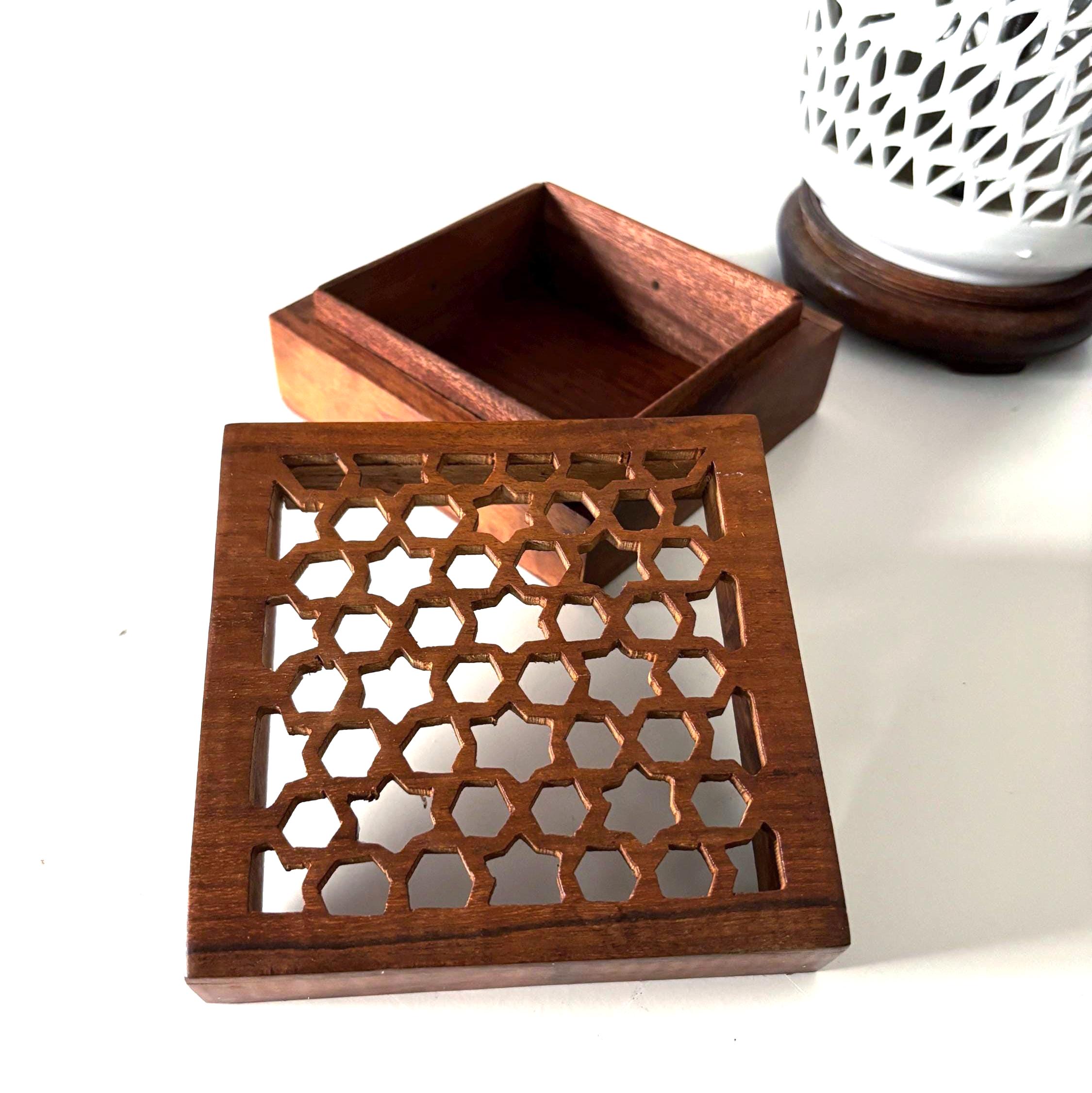Vintage Hand Carved Wooden Trinket Box with Geometric Lattice Lid, Decorative Storage