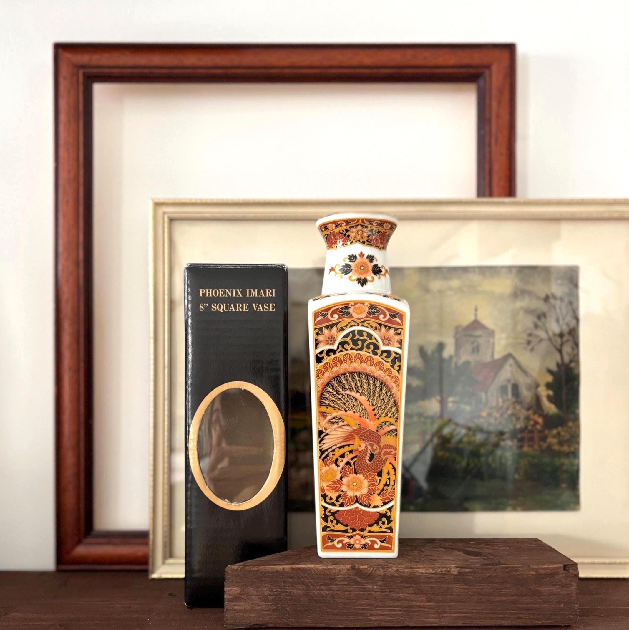Vintage Phoenix Imari Square Vase Japan Boxed Porcelain