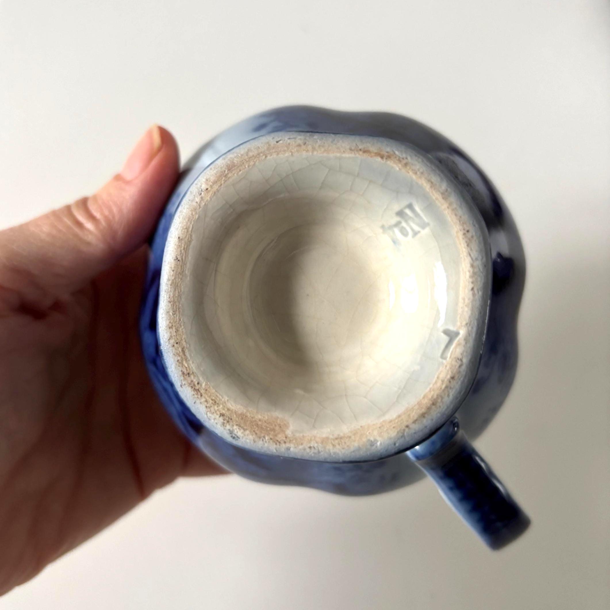 Vintage Blue and White Pottery Creamer Jug, Flow Blue Style Pedestal Milk Pitcher Floral