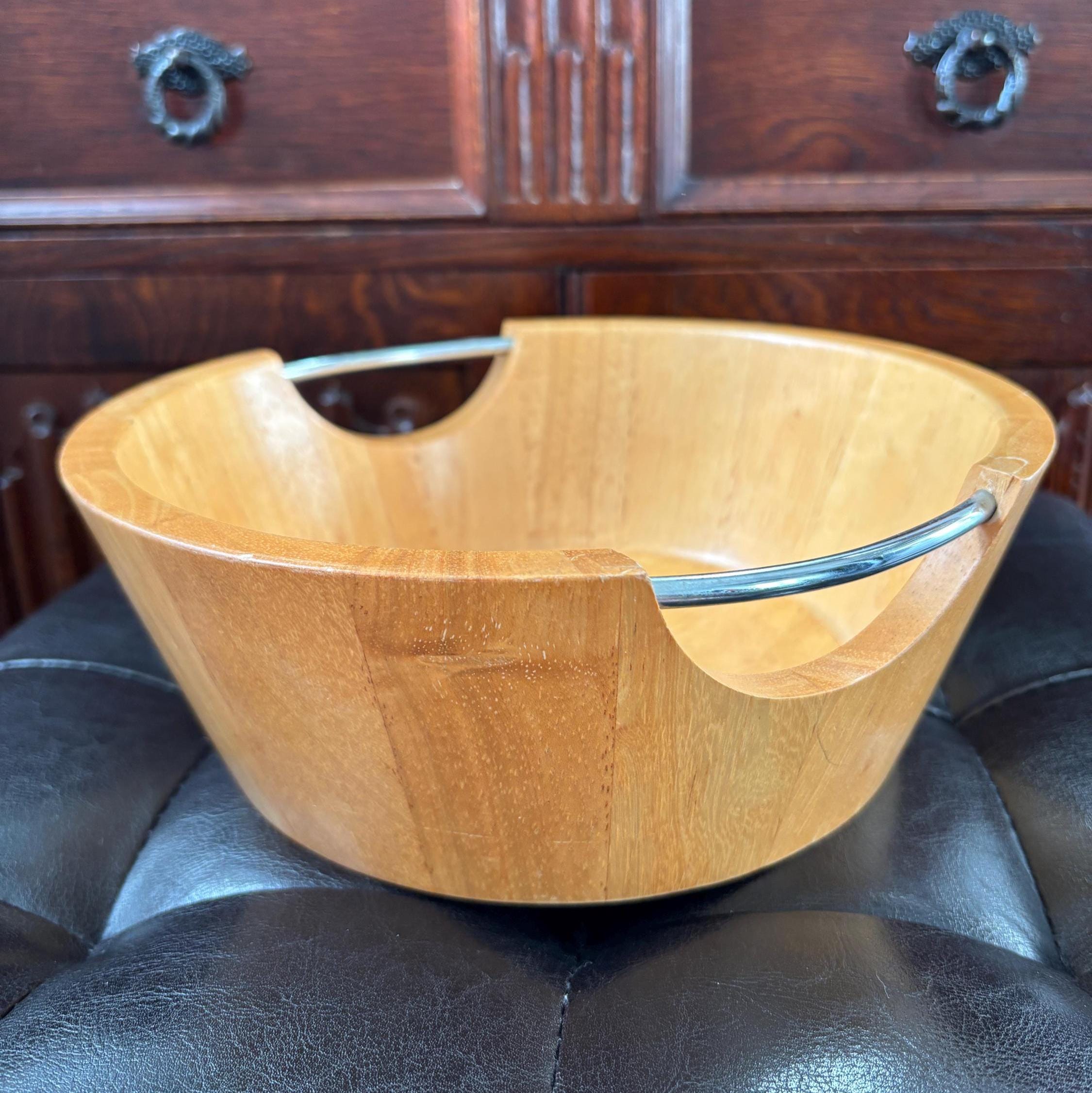 Vintage Wooden Salad Bowl with Chrome Handles | Mid Century Modern Serving Bowl