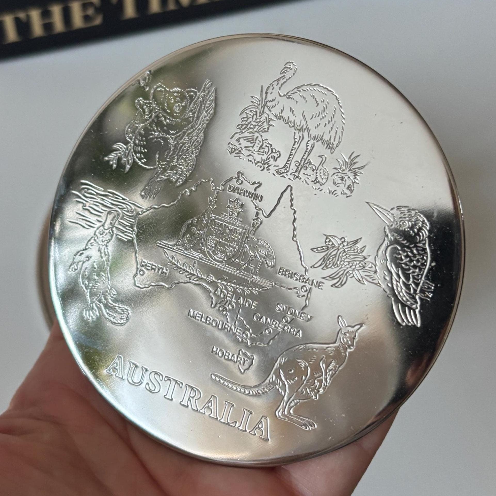 Vintage Australia Souvenir Coaster Set Silver Plated Drinks Coasters with Stand