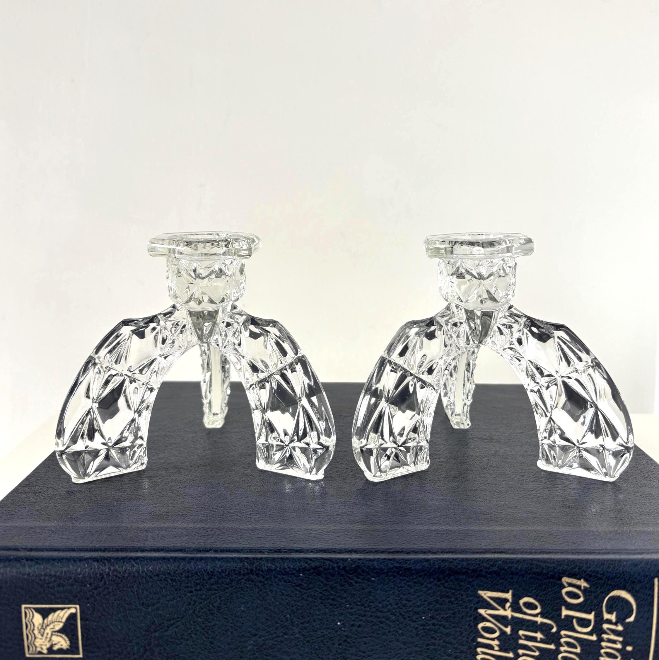 Vintage Glass Candlesticks Pair Art Deco Style Tripod Candle Holders Crystal Cut Design Decor