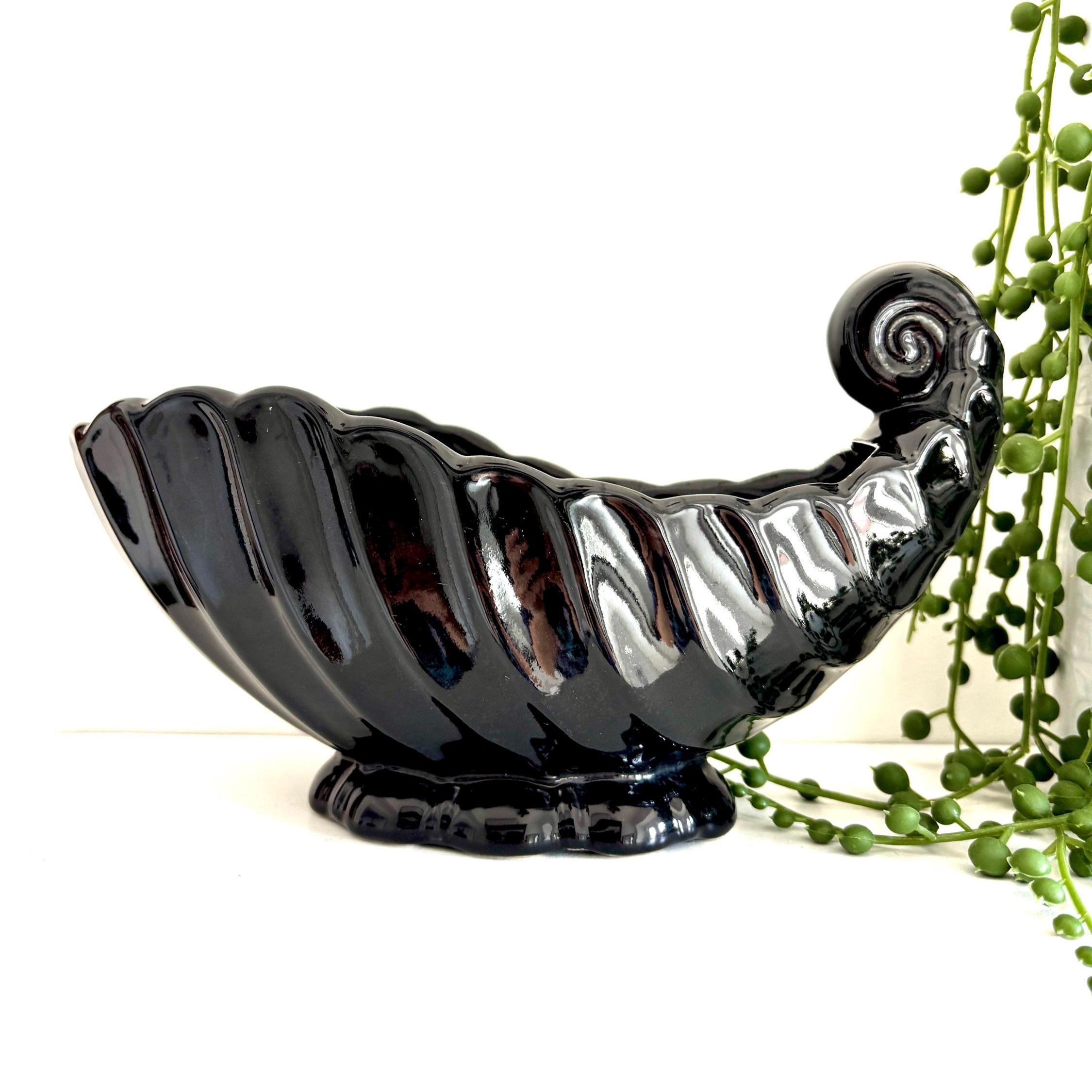 Vintage Black Ceramic Shell Vase: Mid-Century Modern Coastal Decor
