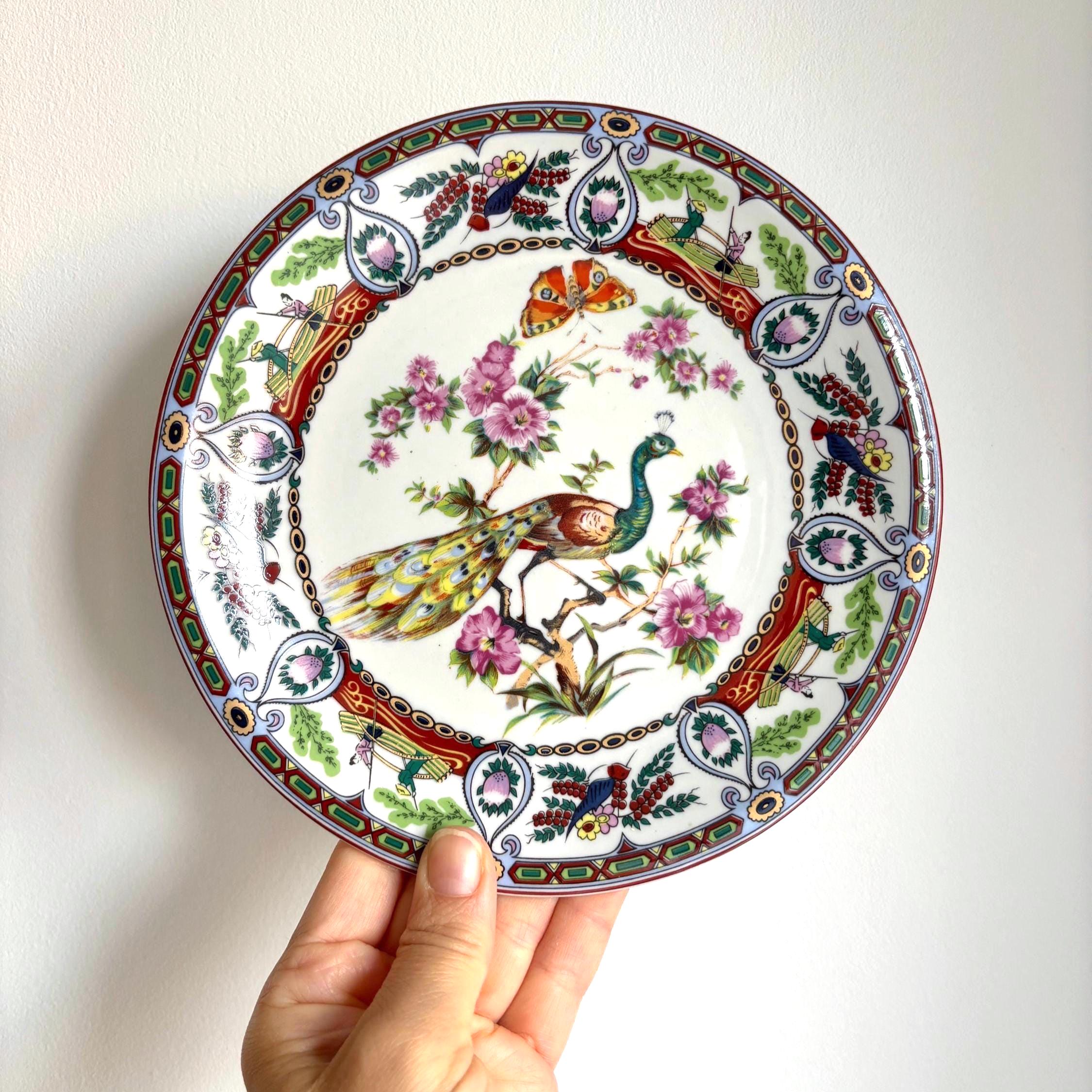 Vintage Famille Rose Peacock Plate: Asian Porcelain Wall Decor