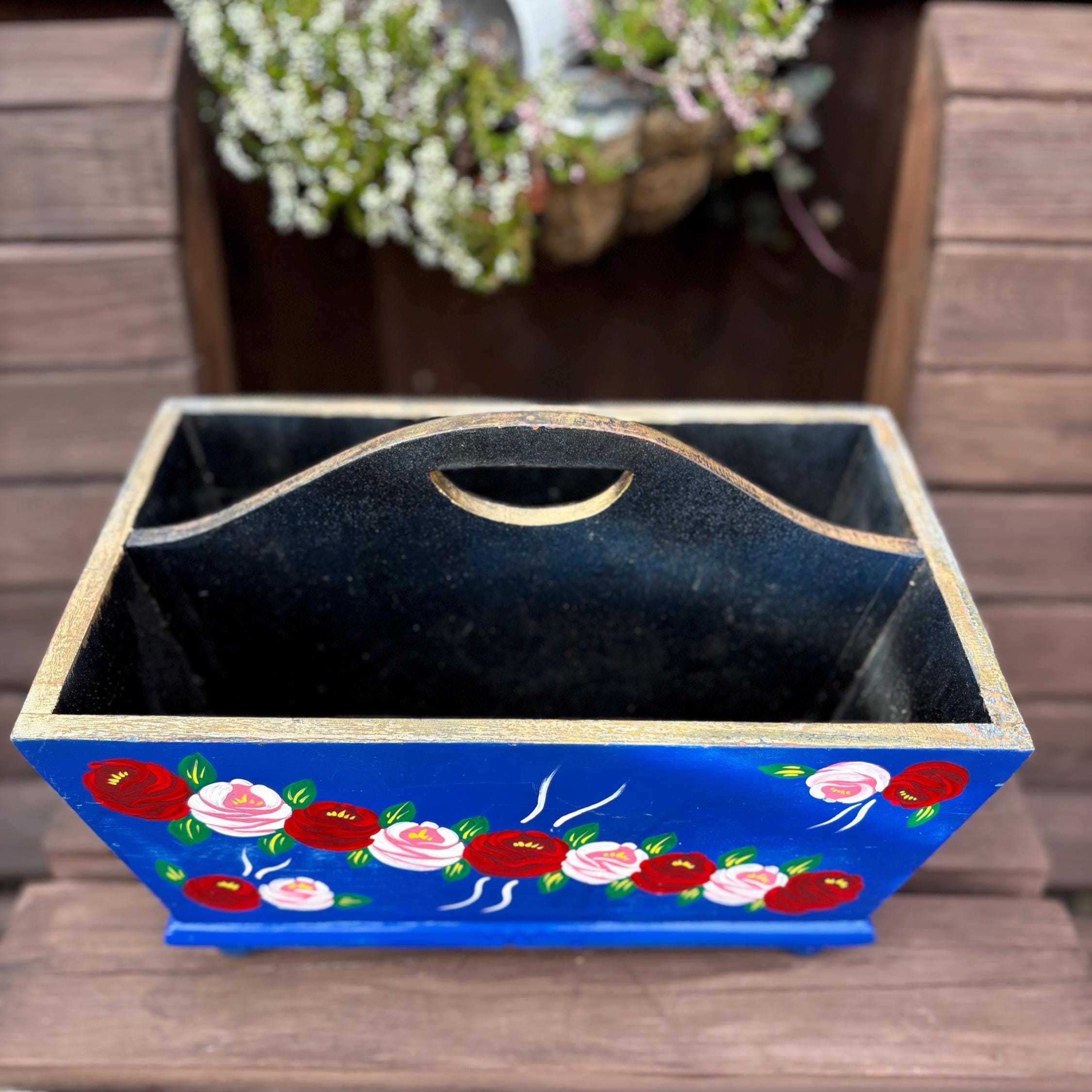 Hand-Painted Wooden Caddy | Folk Art Floral Storage Box