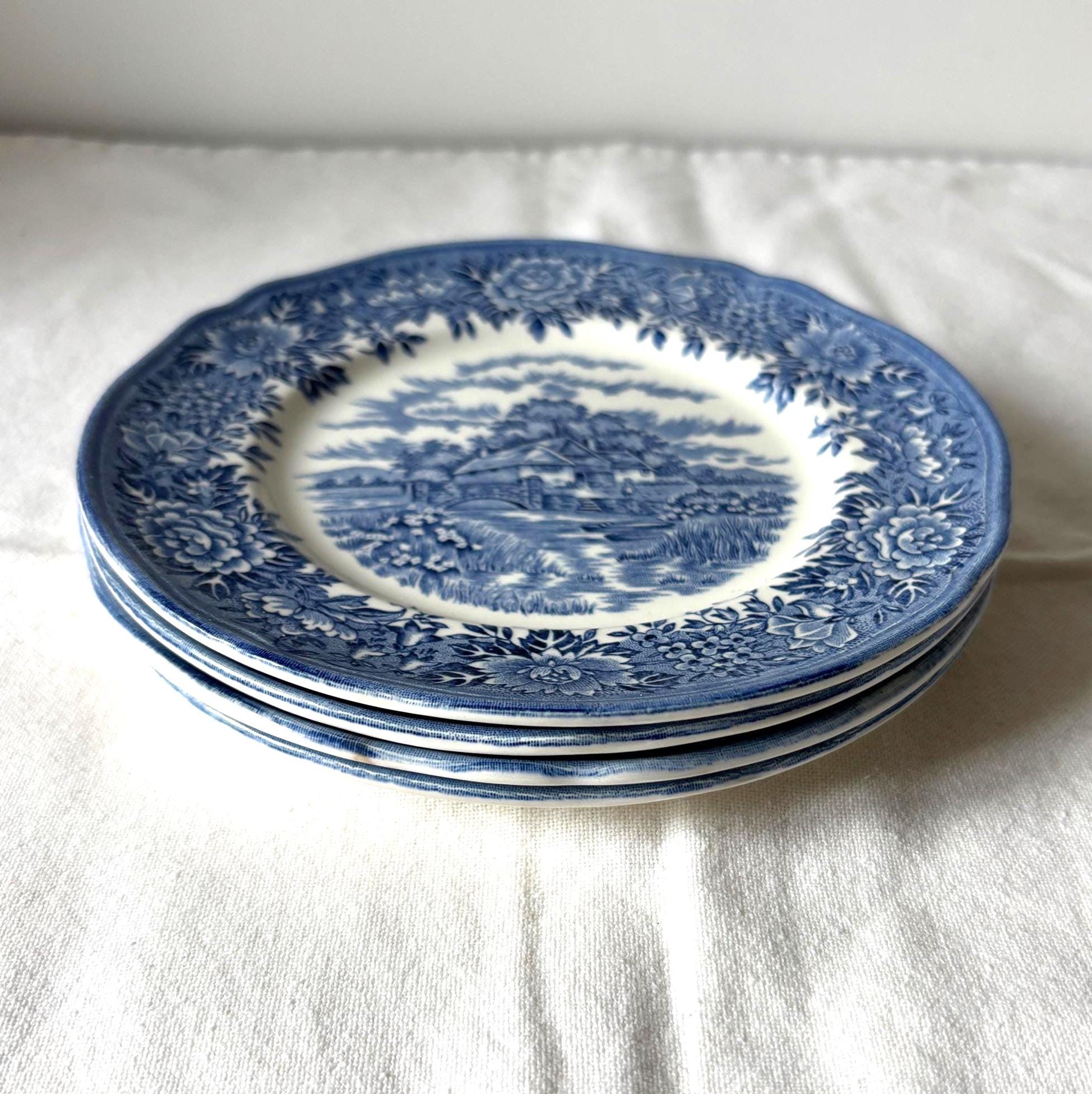 Vintage Colonial Village Tea Plates Set 4 Blue Staffordshire