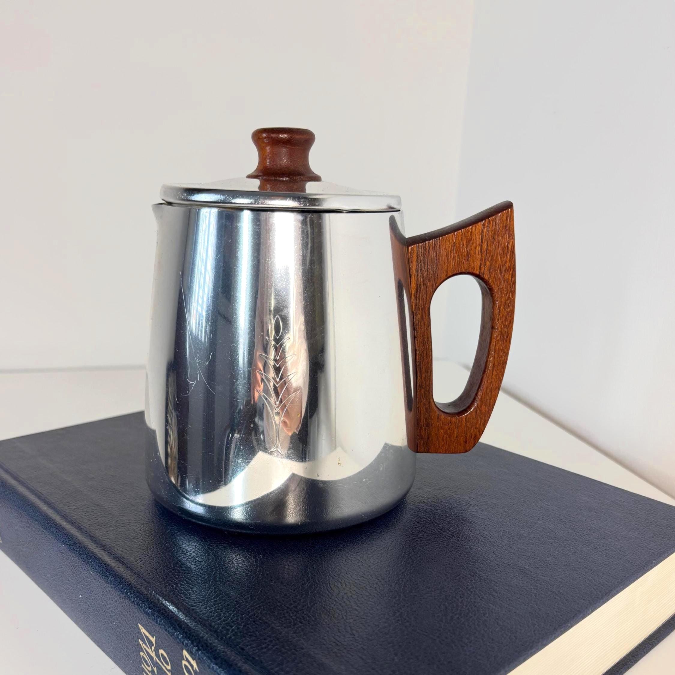 Vintage SONA Milk Jug Stainless Steel Teak Handle Mid Century Modern Coffee Pot England