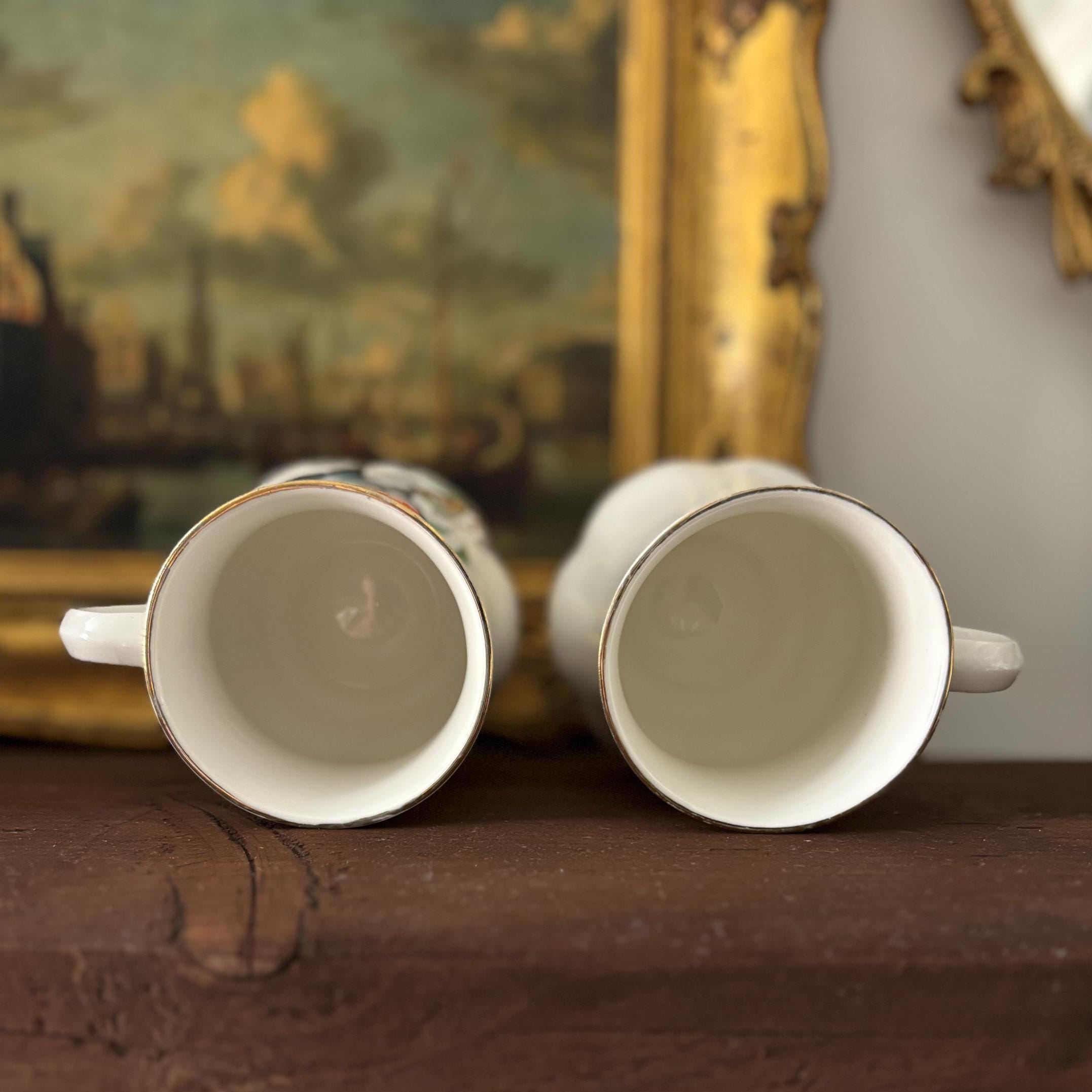 Vintage Bone China Bird Mugs Pair England Goldfinch Robin Tea Coffee Cups
