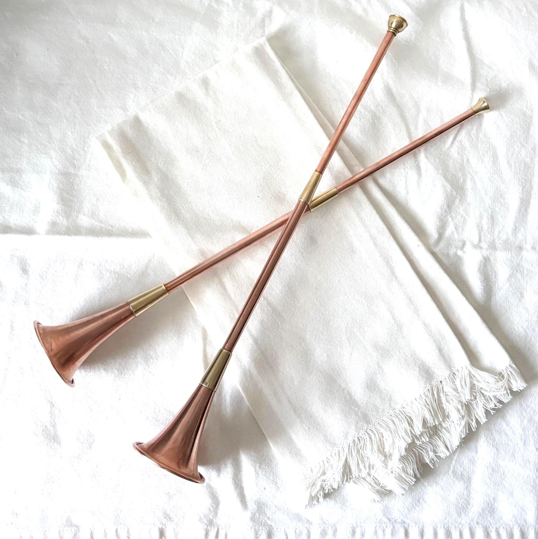 Vintage Copper & Brass Hunting Horn Wall Décor Pair 43cm Scandinavian Style