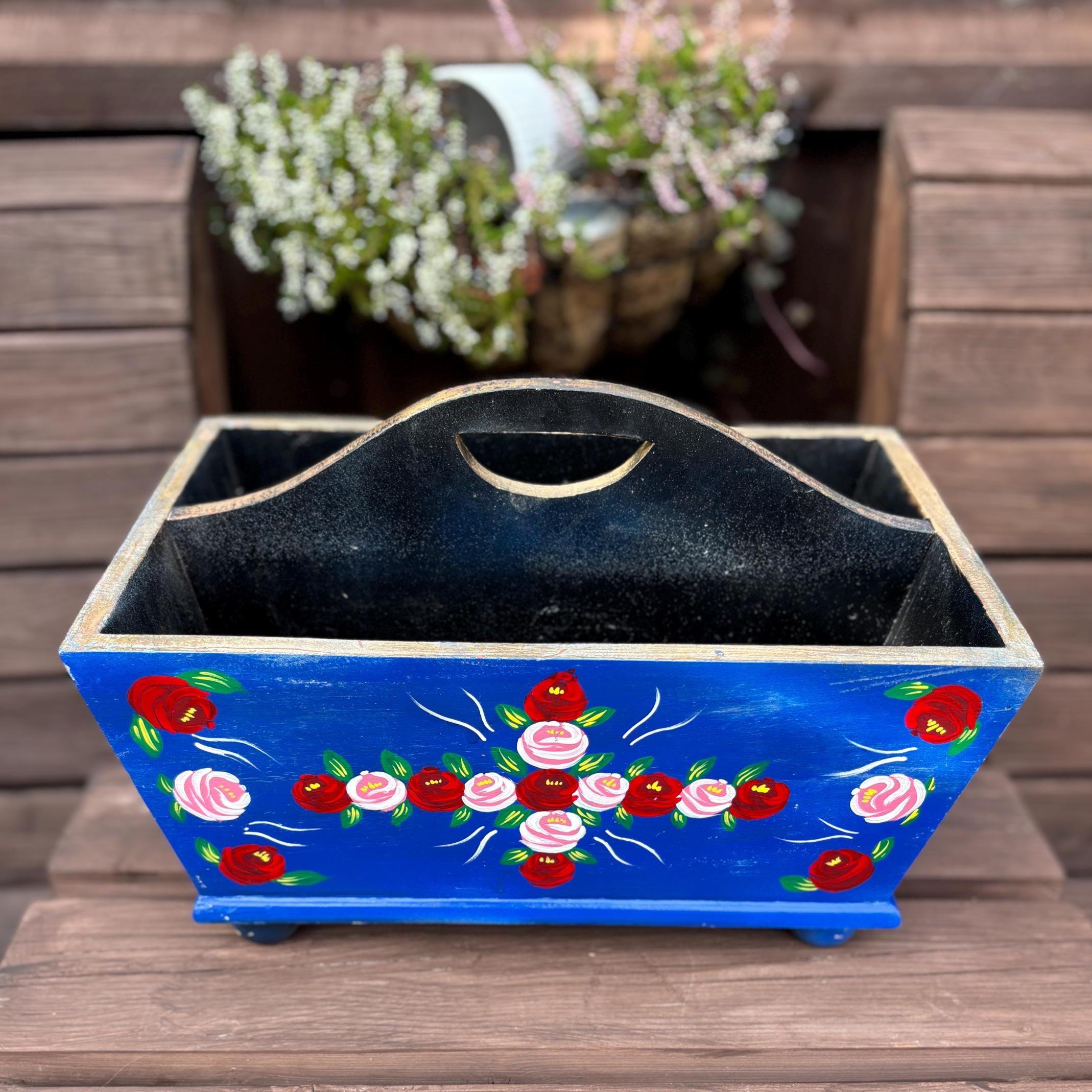 Hand-Painted Wooden Caddy | Folk Art Floral Storage Box