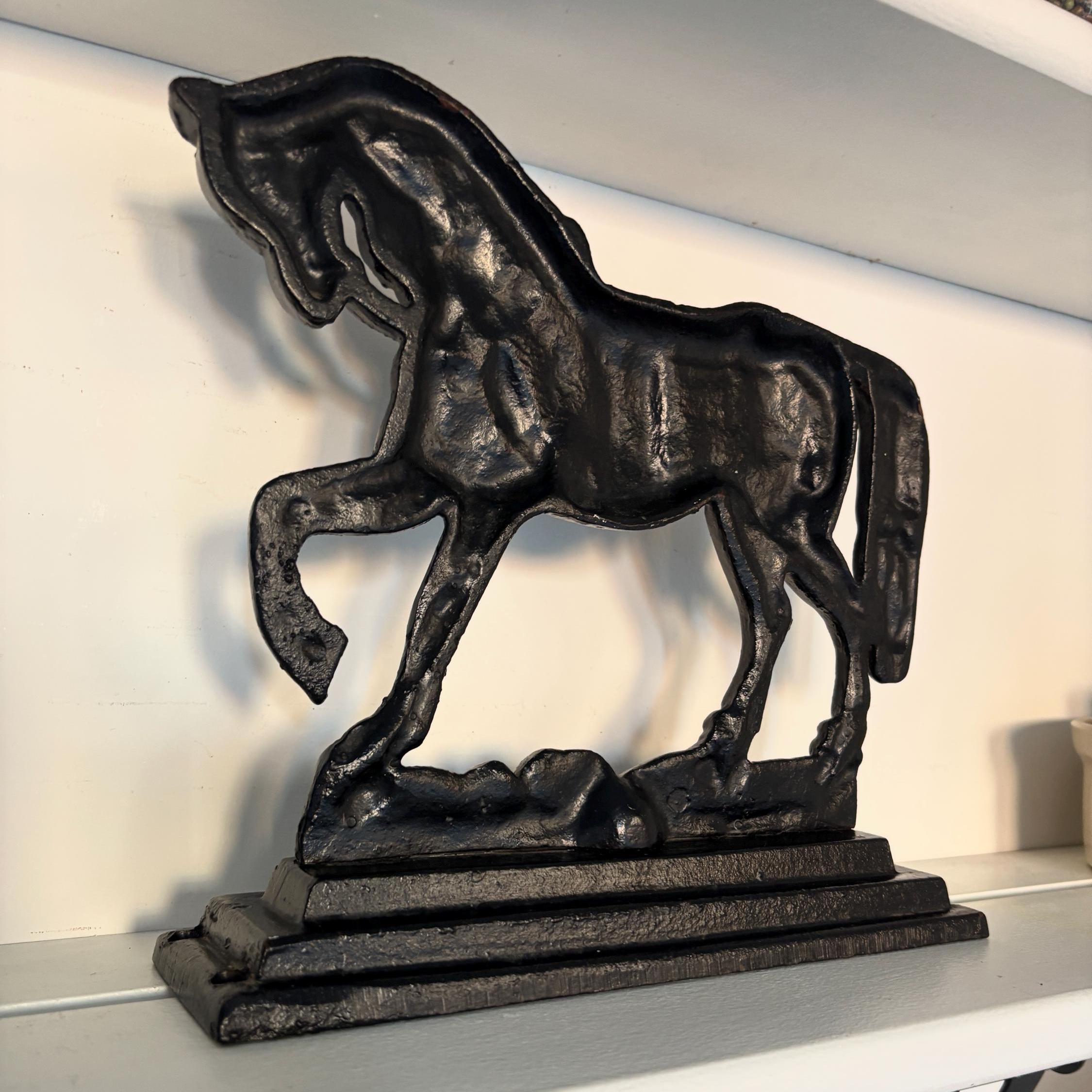 Vintage Cast Iron Prancing Horse Doorstop Black Equestrian Farmhouse Country Decor Heavy