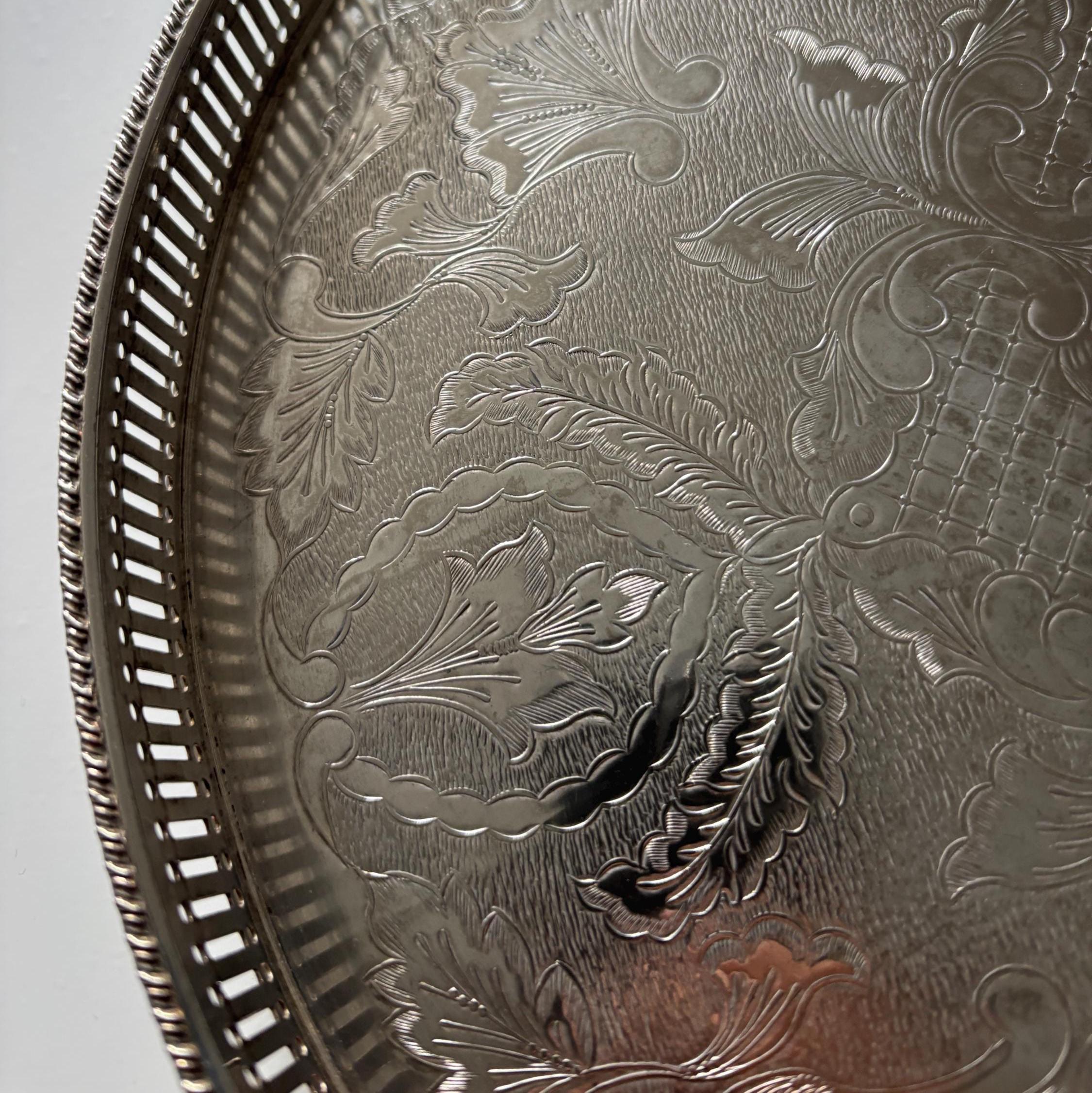 Vintage English Silver Plate on Copper Gallery Tray Ornate Round Serving Tray