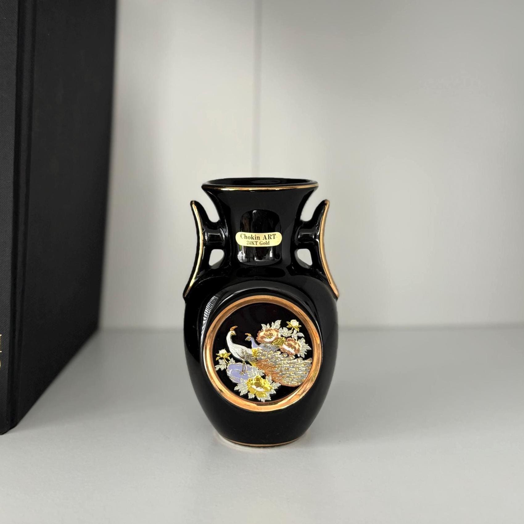 Art of Chokin Vase | Iris & Bird | Small Peacocks | 24k Gold Gilded | Japan