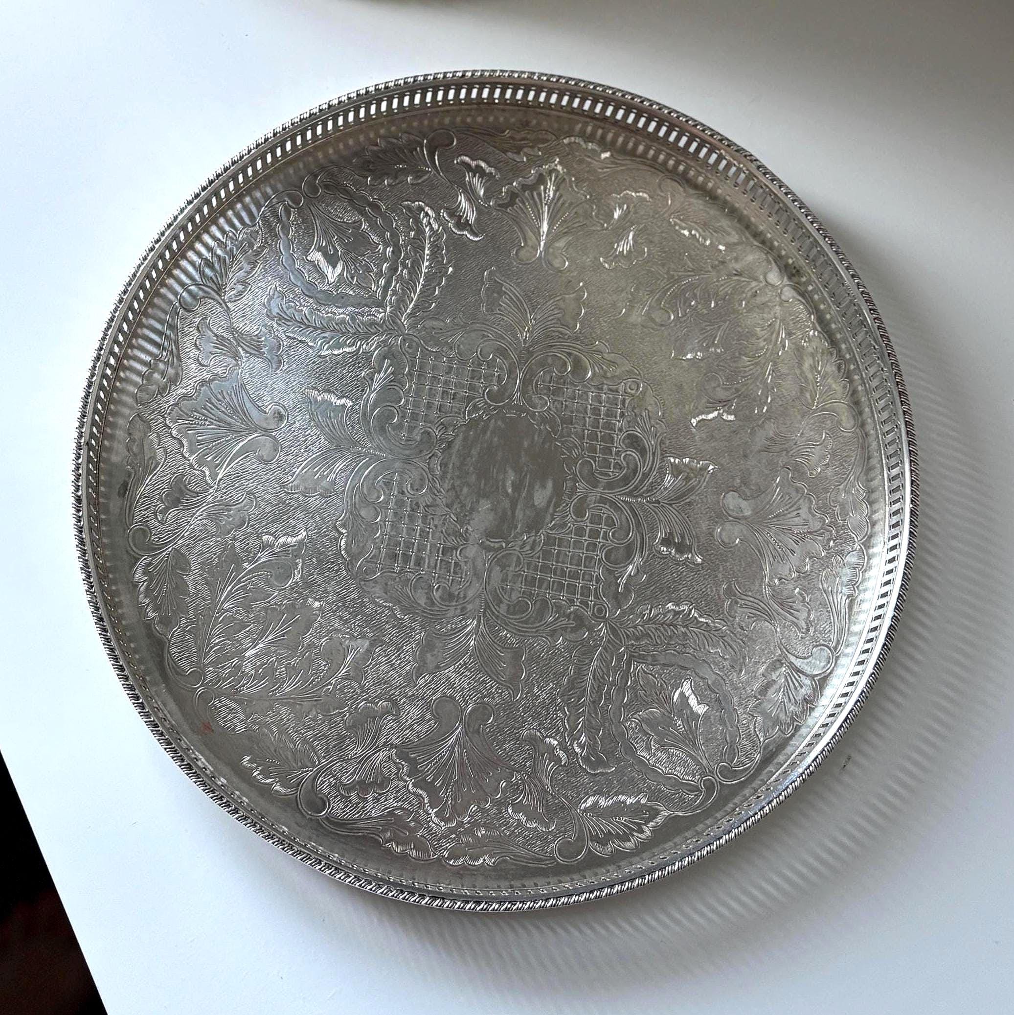 Vintage English Silver Plate on Copper Gallery Tray Ornate Round Serving Tray