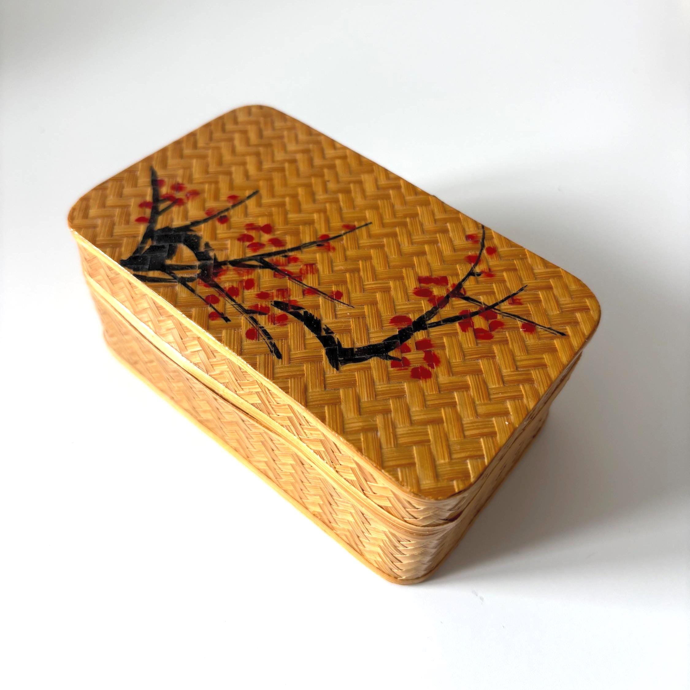 Vintage Chinese Bamboo Jewellery Box Red Velvet Interior Trinket Box With Mirror