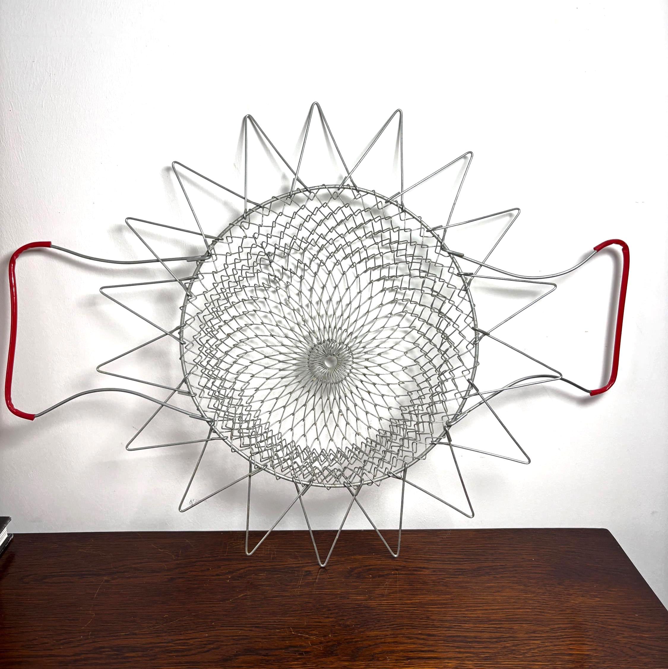 Vintage Collapsible Wire Egg Basket with Red Handle French Style Folding Market Basket