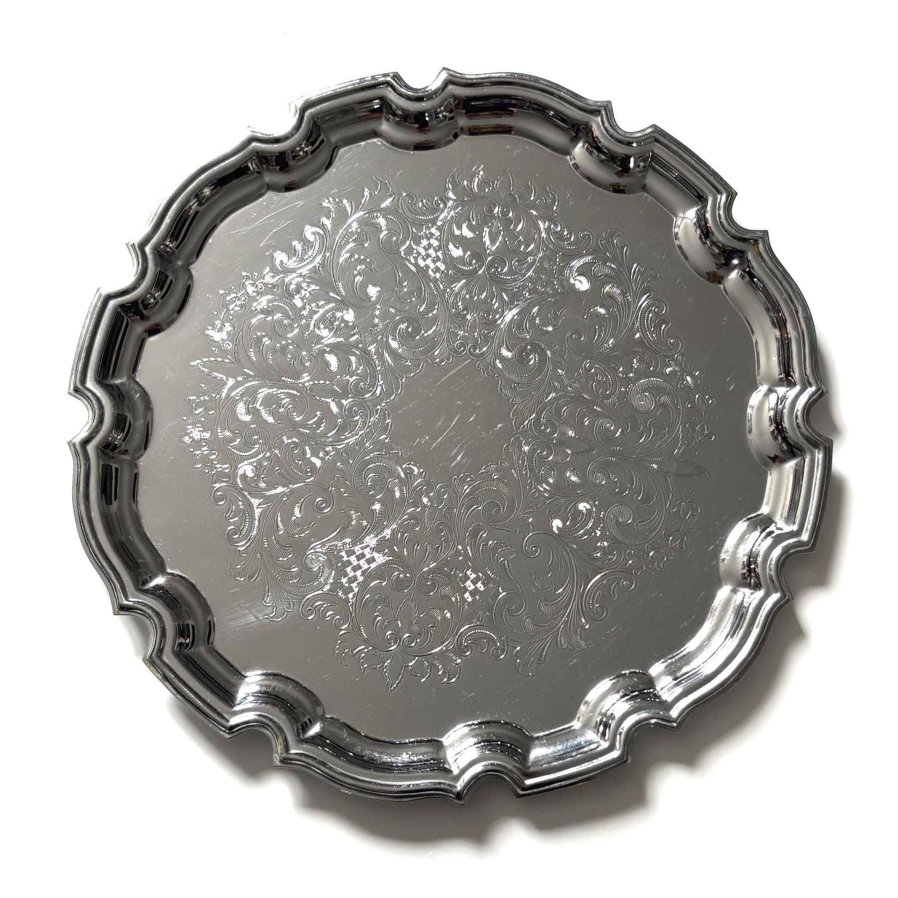 Vintage English Silver Plated Gallery Tray Ornate Scalloped Serving Tray Made in England Round