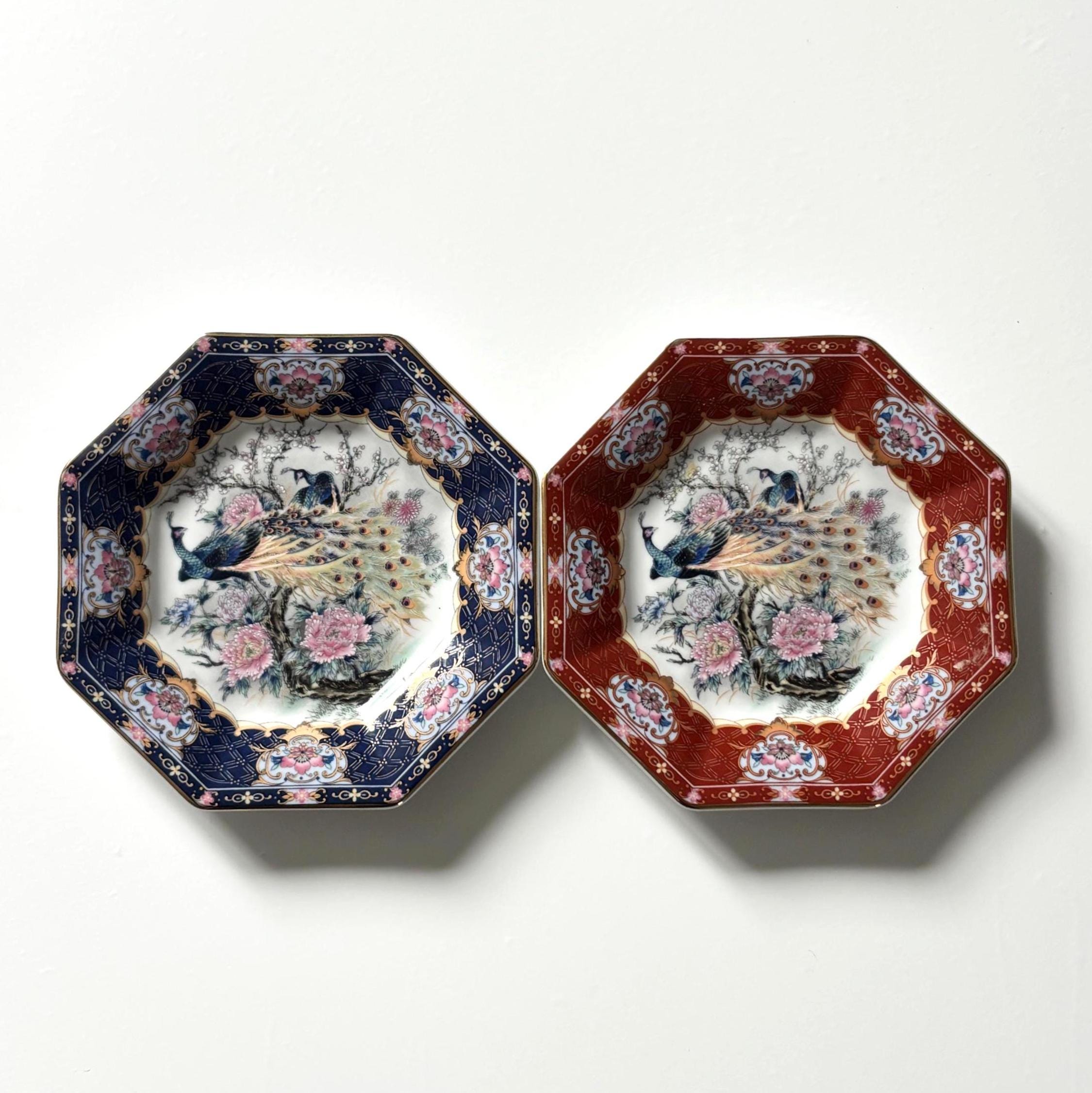 Pair Vintage Imperial Imari Peacock Wall Plates Japan Porcelain Hanging Plates Blue & Red
