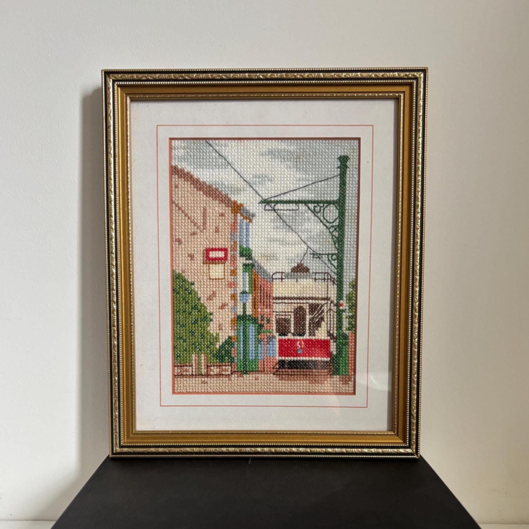 Vintage Framed Cross Stitch: Beamish Tram Embroidery Wall Art