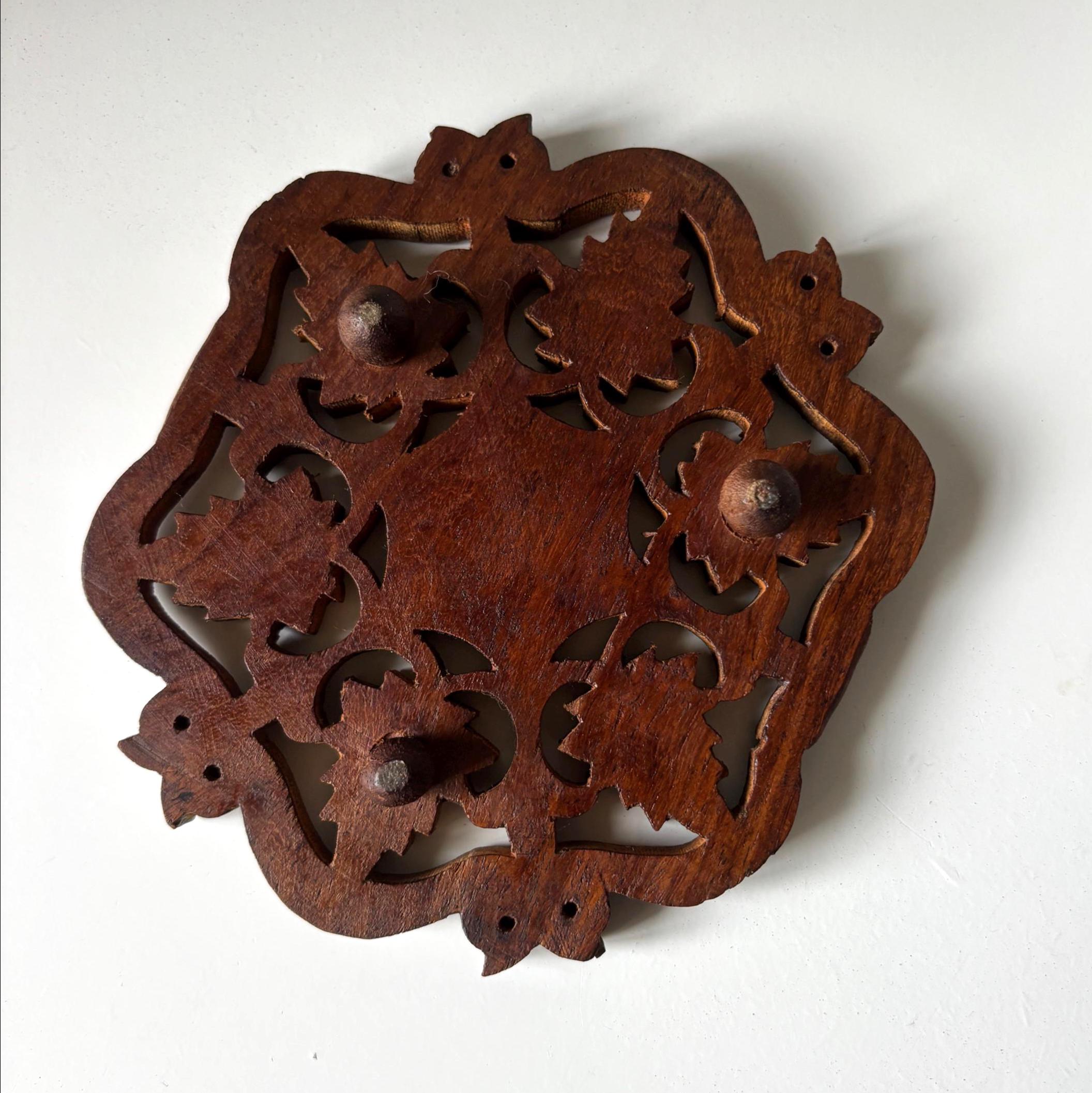 Vintage Hand Carved Wooden Trivet With Bone Inlay Grapevine Leaf Pot Stand Decor