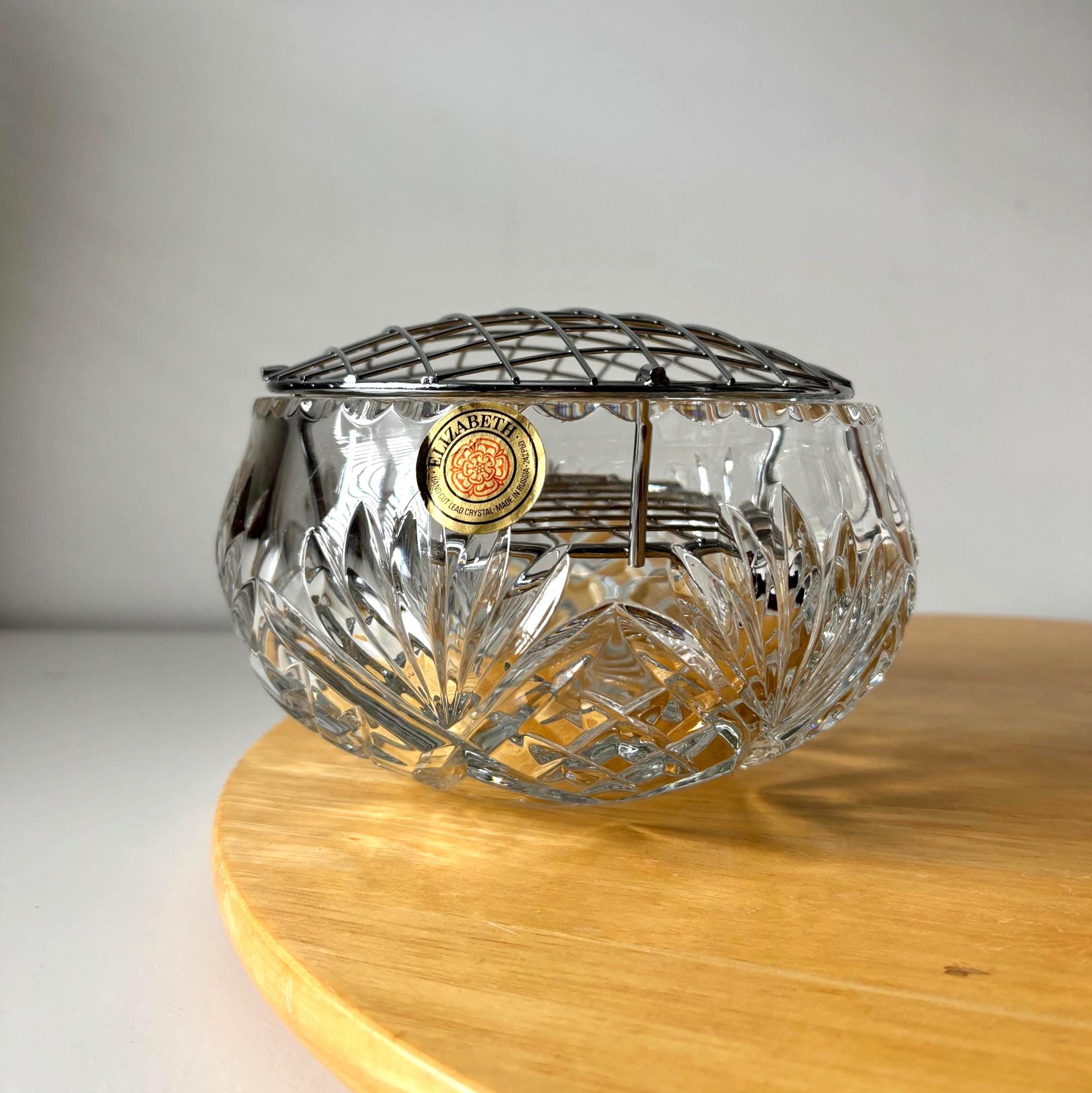 Vintage Russian Lead Crystal Flower Frog Bowl With Metal Grid Hand Cut Crystal Centrepiece