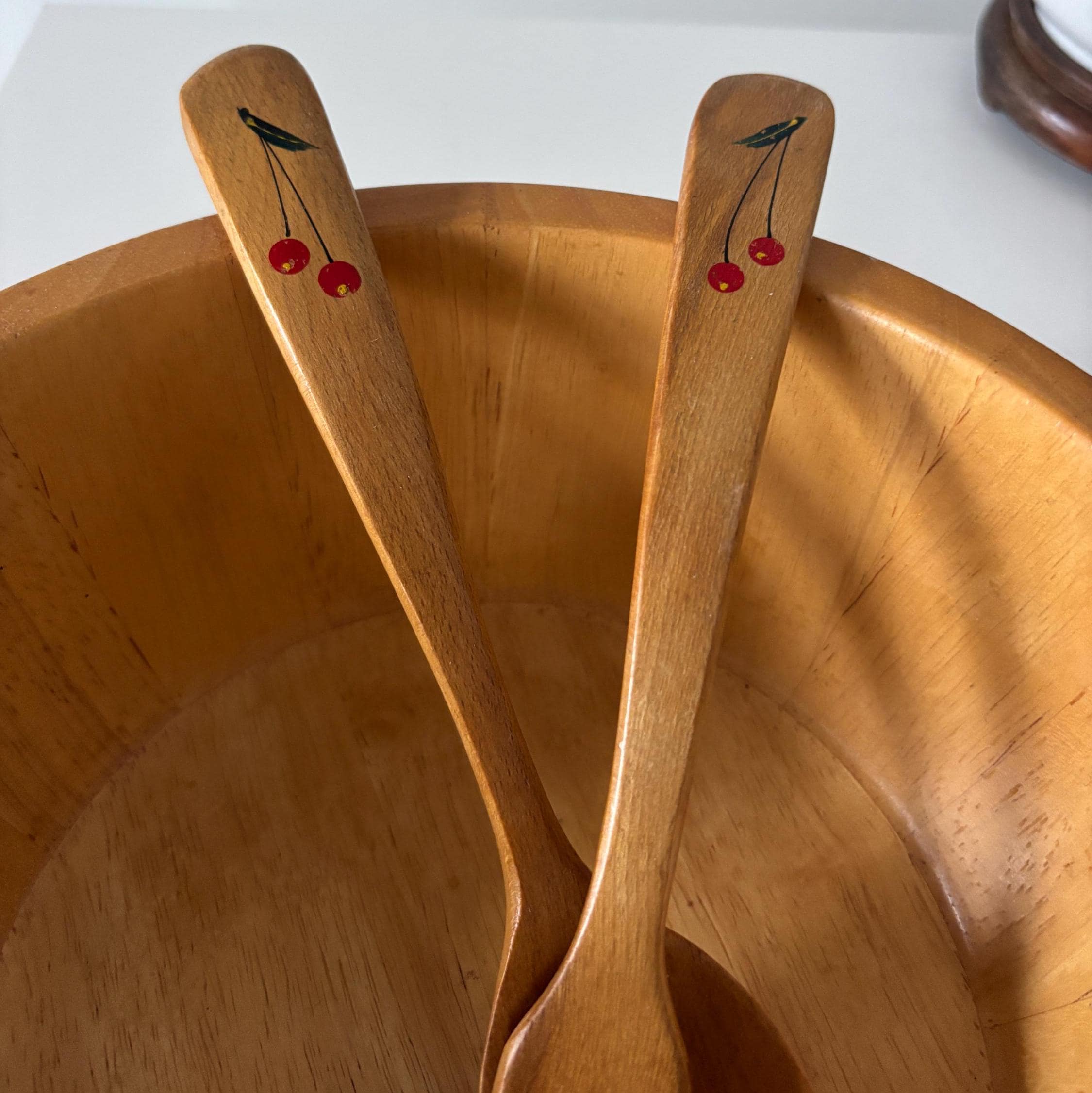 Vintage Wooden Salad Server Set Hand Painted Spoon Fork Kitchen Serving Utensils Pair Decor
