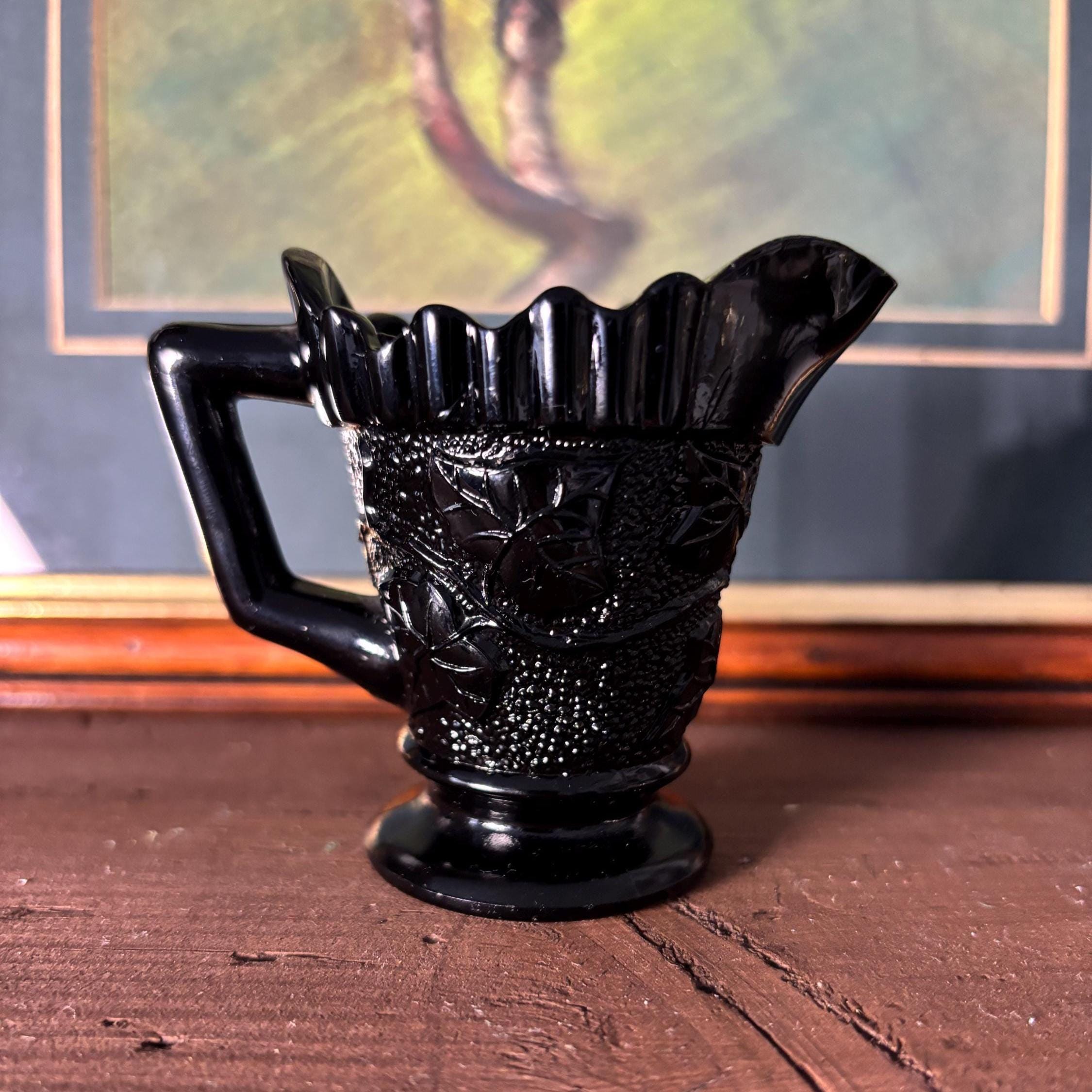 Vintage Black Pressed Glass Creamer Grape Pattern Pedestal Milk Jug