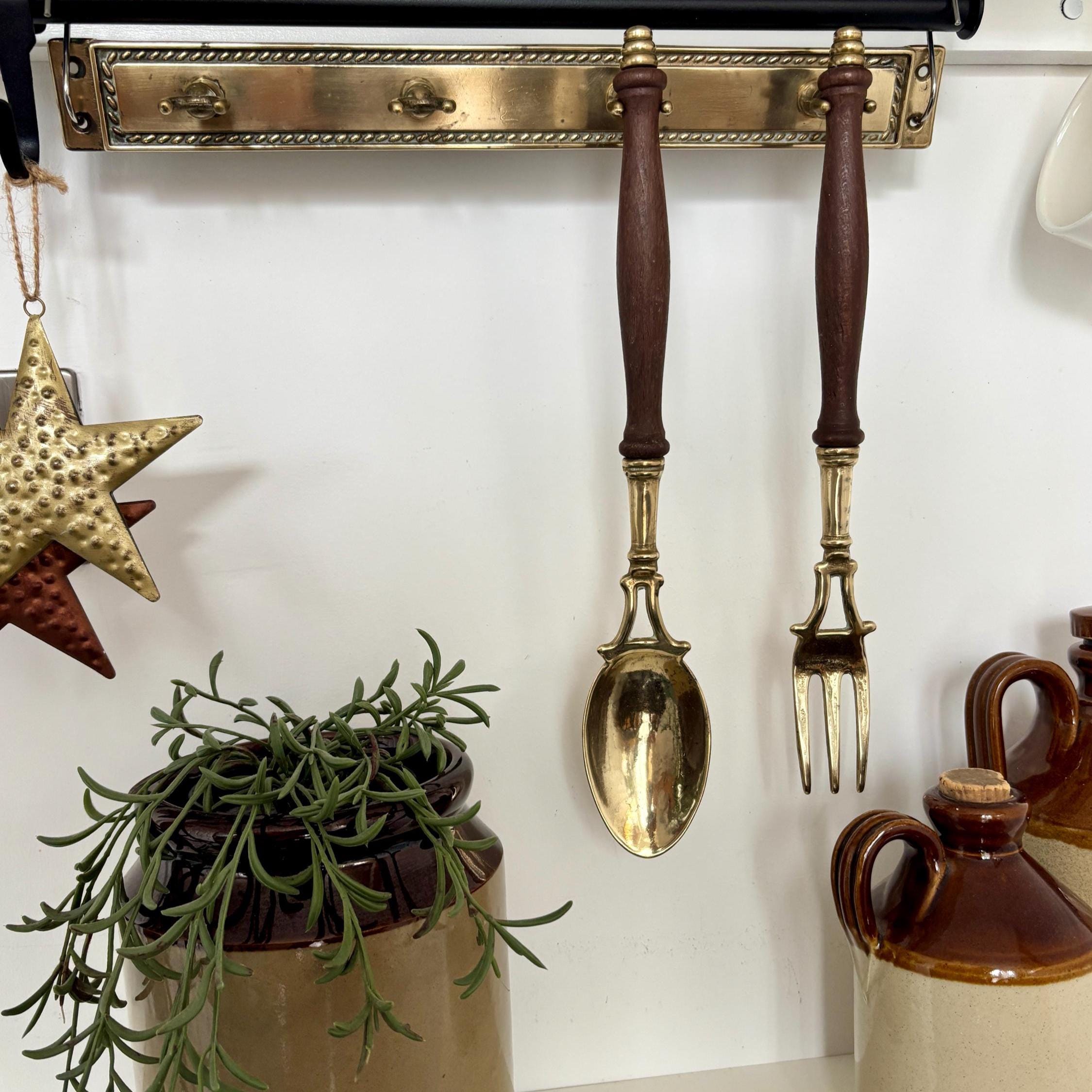 Vintage French Brass Kitchen Utensil Set: Fork & Spoon Wall Decor