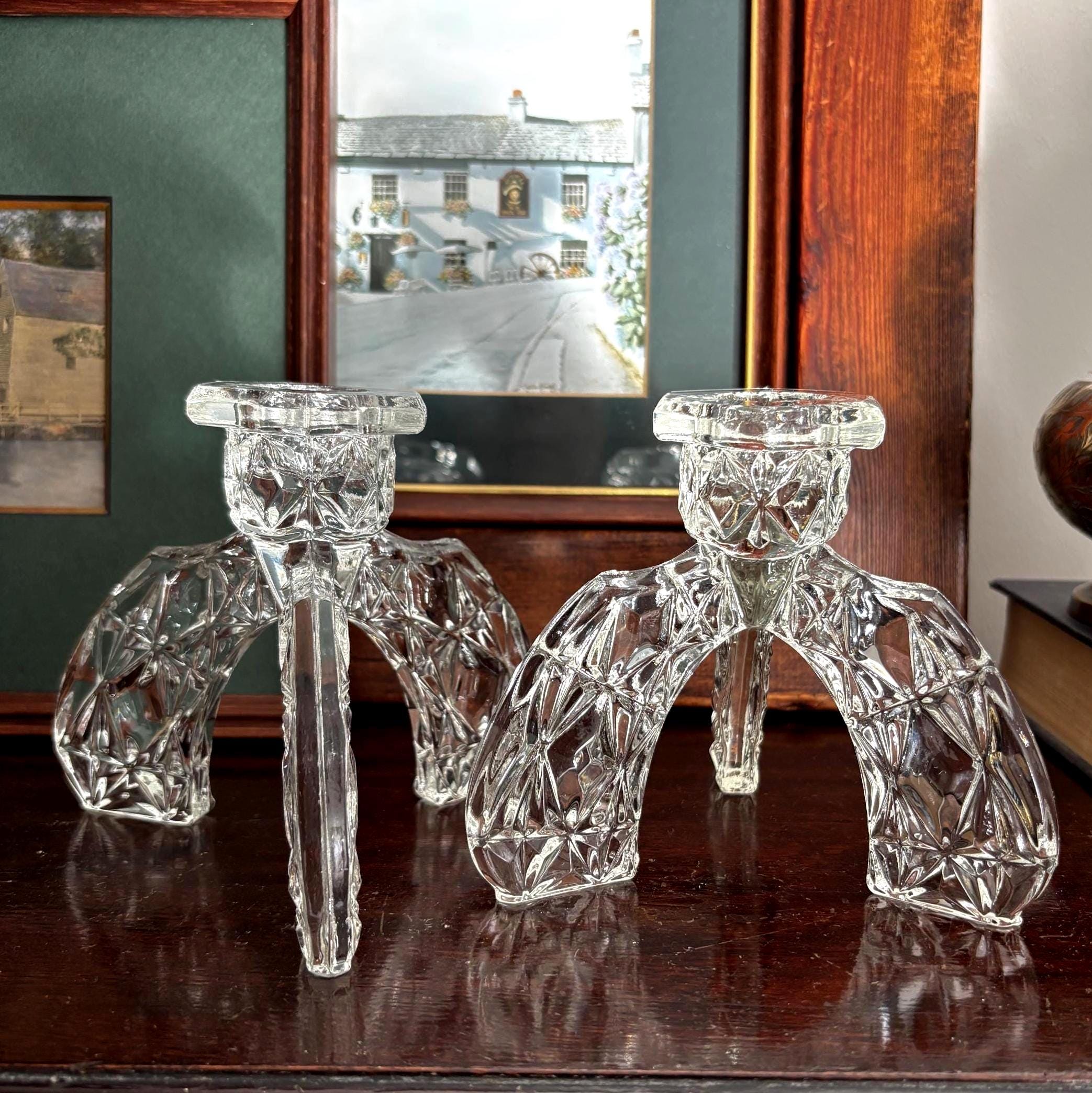 Vintage Glass Candlesticks Pair Art Deco Style Tripod Candle Holders Crystal Cut Design Decor