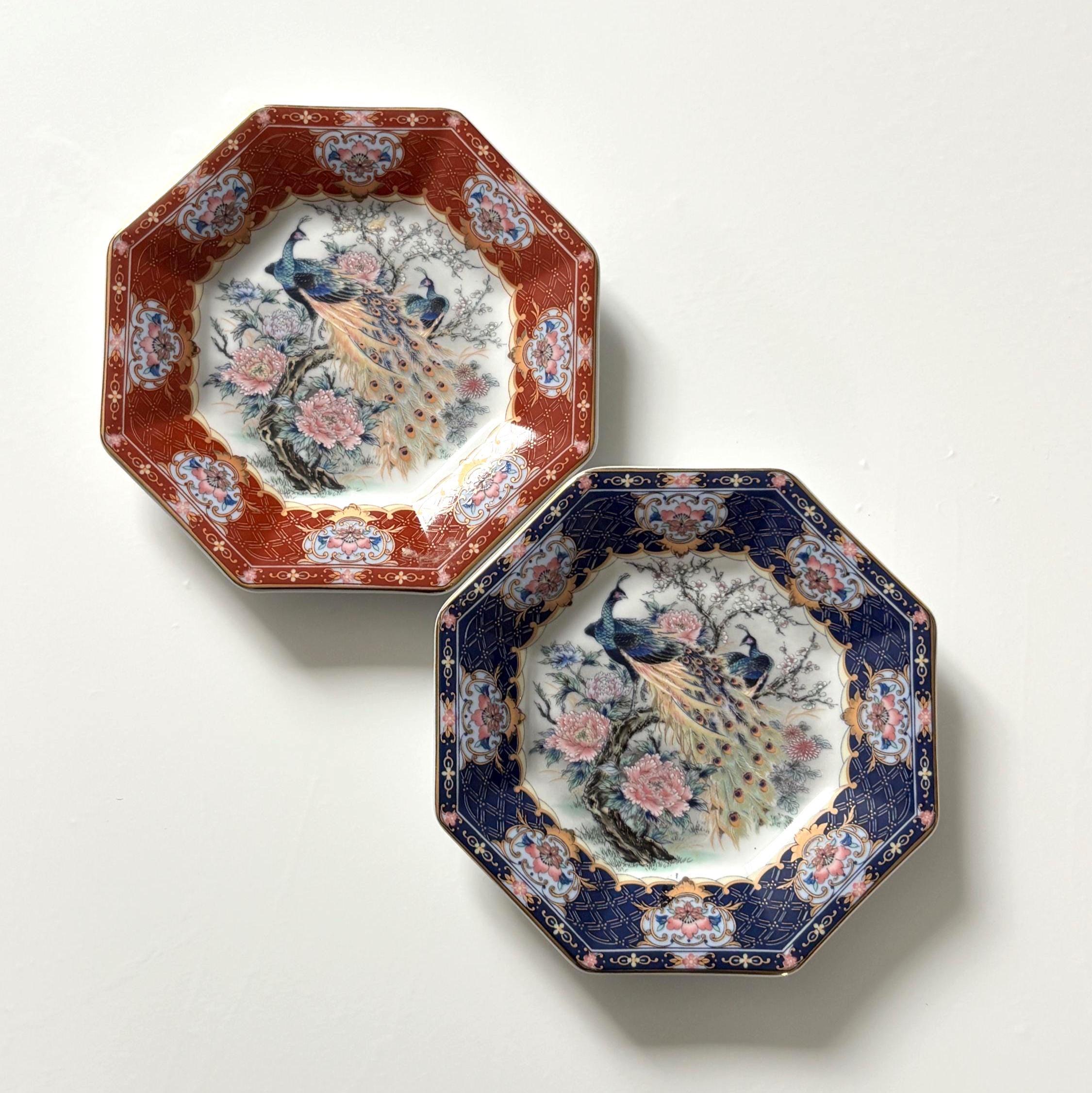 Pair Vintage Imperial Imari Peacock Wall Plates Japan Porcelain Hanging Plates Blue & Red