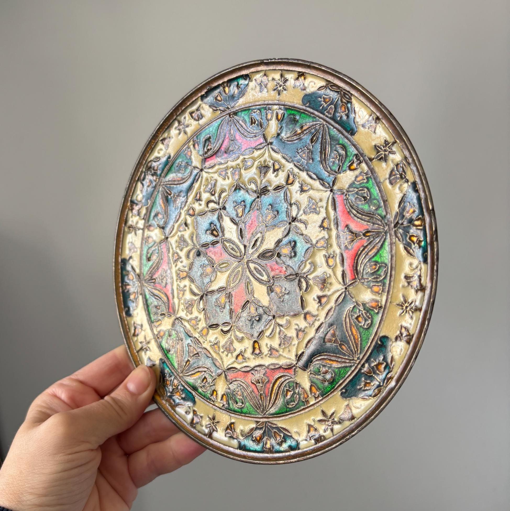 Vintage Brass Wall Plate Islamic Moorish Enamel Style Decorative Hanging Tray Boho Decor