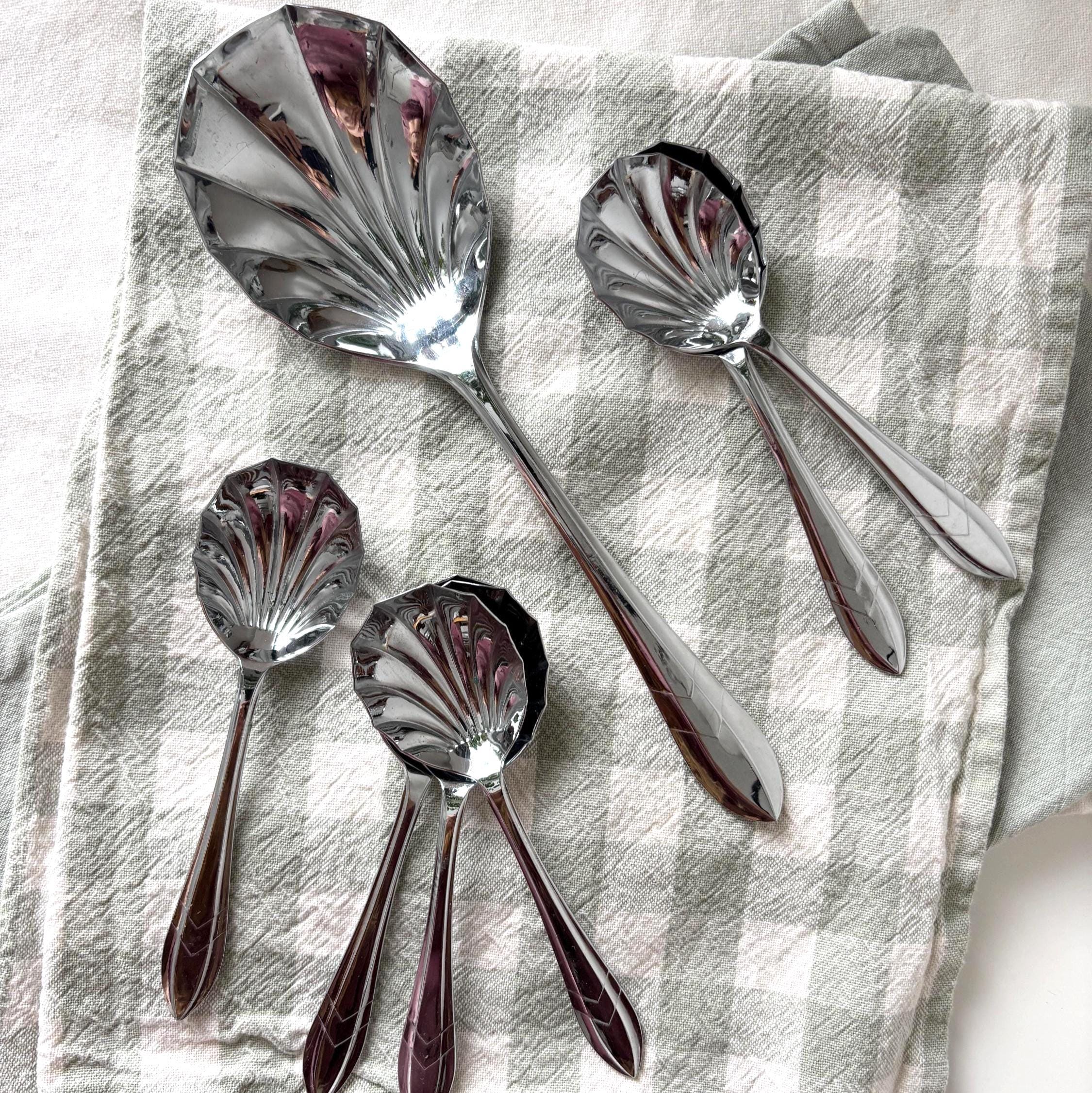 Vintage Sheffield Chrome Plated Nickel Silver Shell Spoon Set Boxed Art Deco Serving Spoons