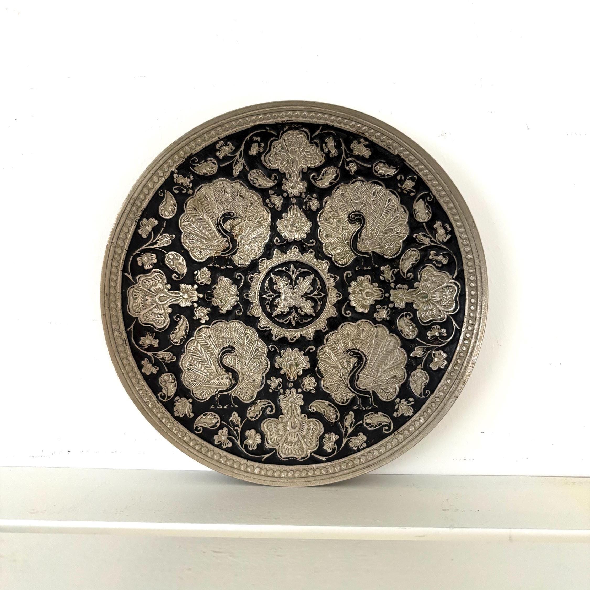 Vintage Silver & Black Peacock Wall Plate | Embossed Metal Hanging Tray, Boho Wall Decor