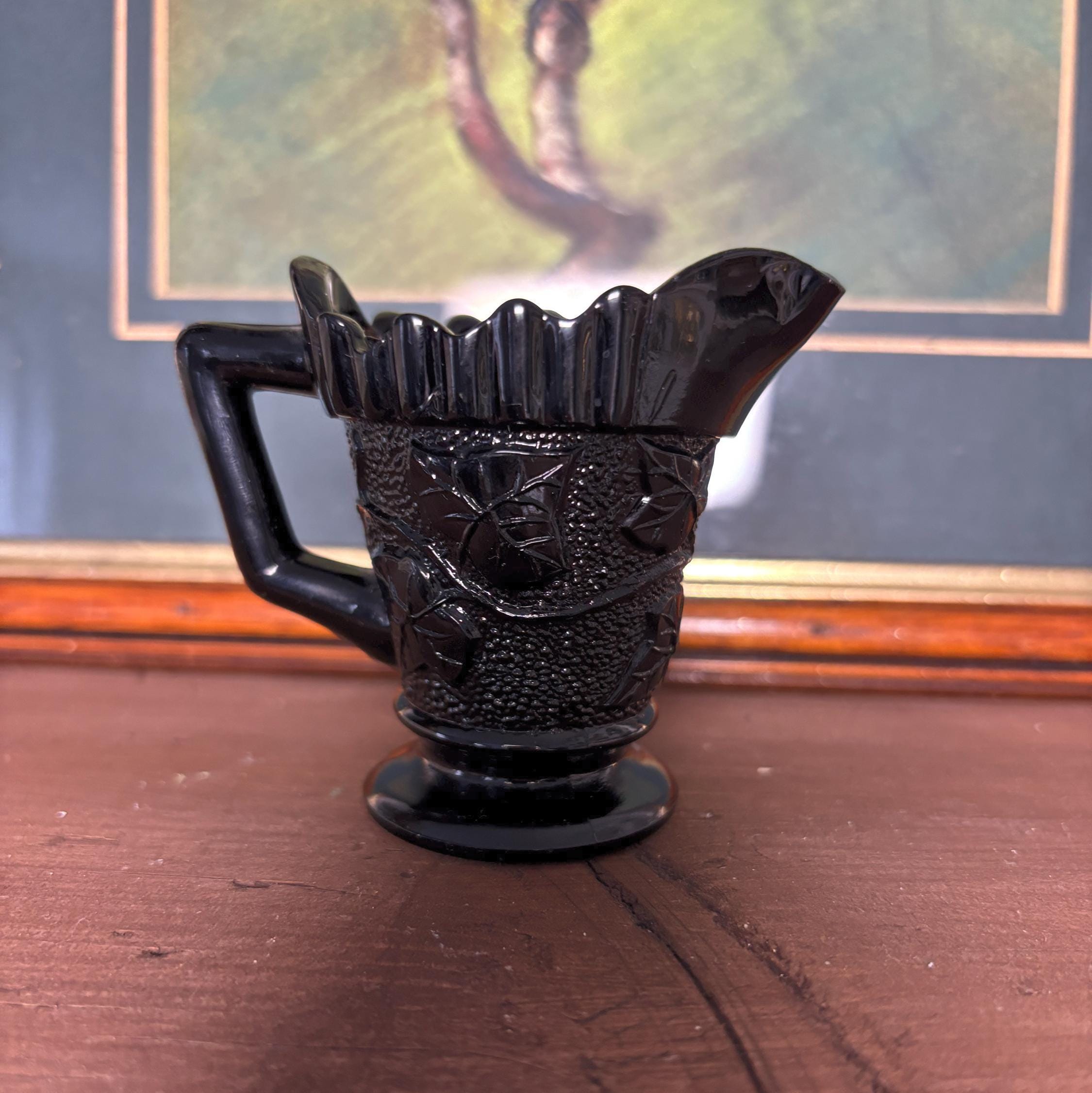 Vintage Black Pressed Glass Creamer Grape Pattern Pedestal Milk Jug