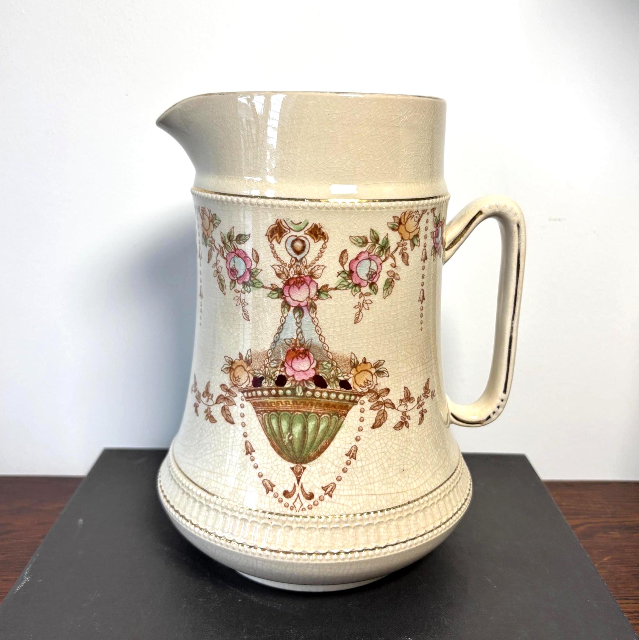 Antique Crown Devon “Etna” Jug Pitcher, Floral Basket, Crackle Glaze, England