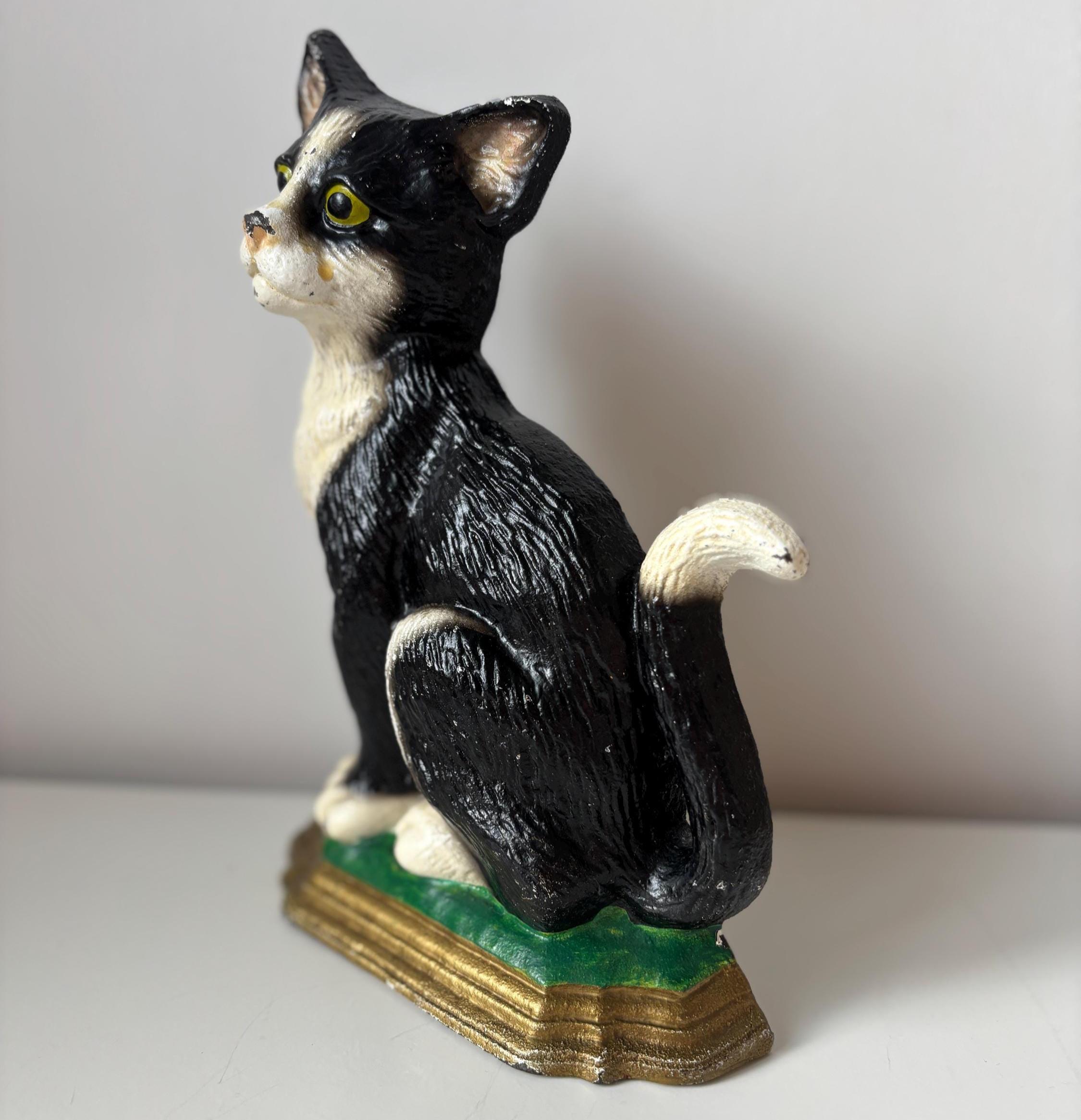 Cast Iron Tuxedo Cat Doorstop Black White Heavy Vintage Farmhouse Animal Decor Ornament