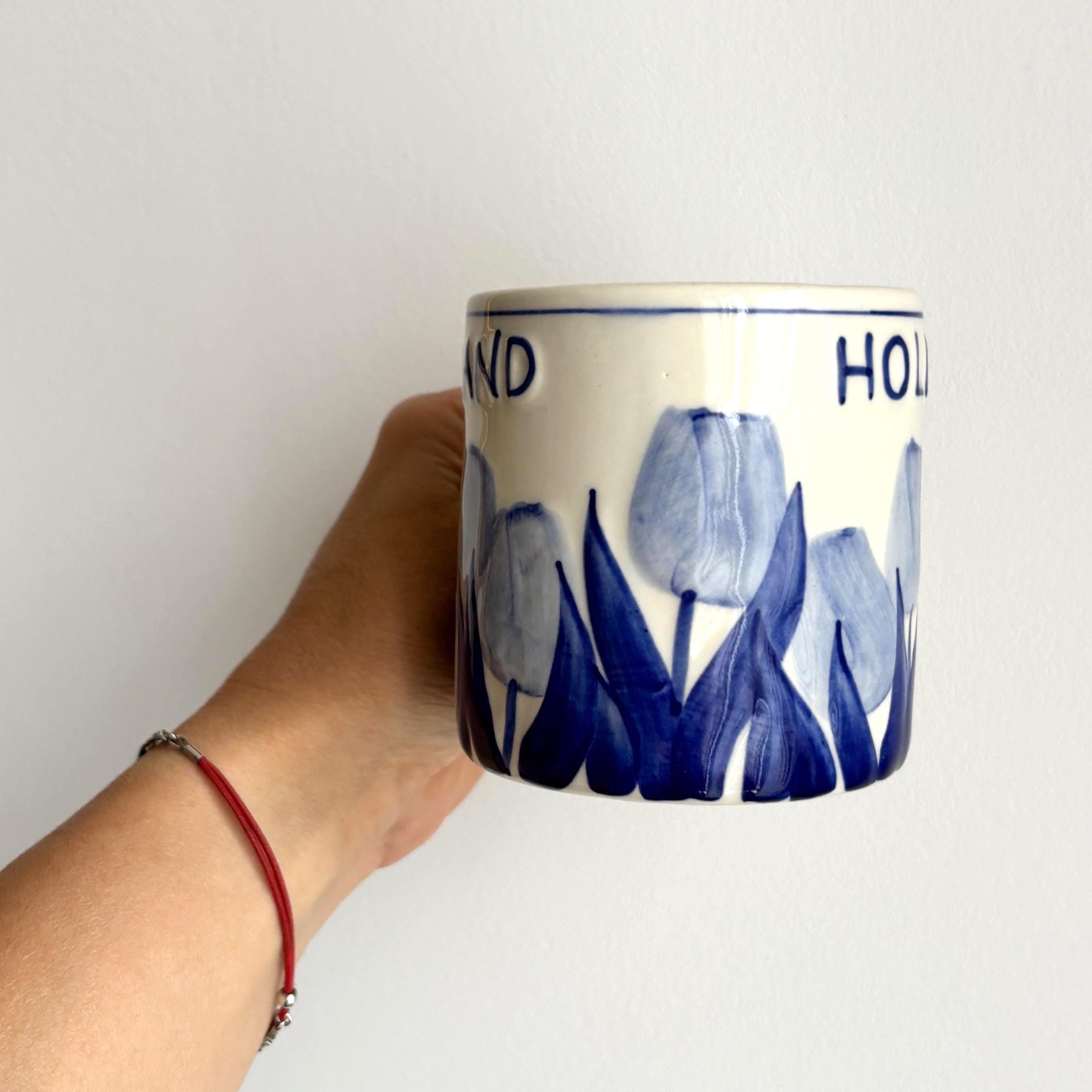 Vintage Holland Delft Style Tulip Mug Blue White Hand Painted Dutch Ceramic Cup