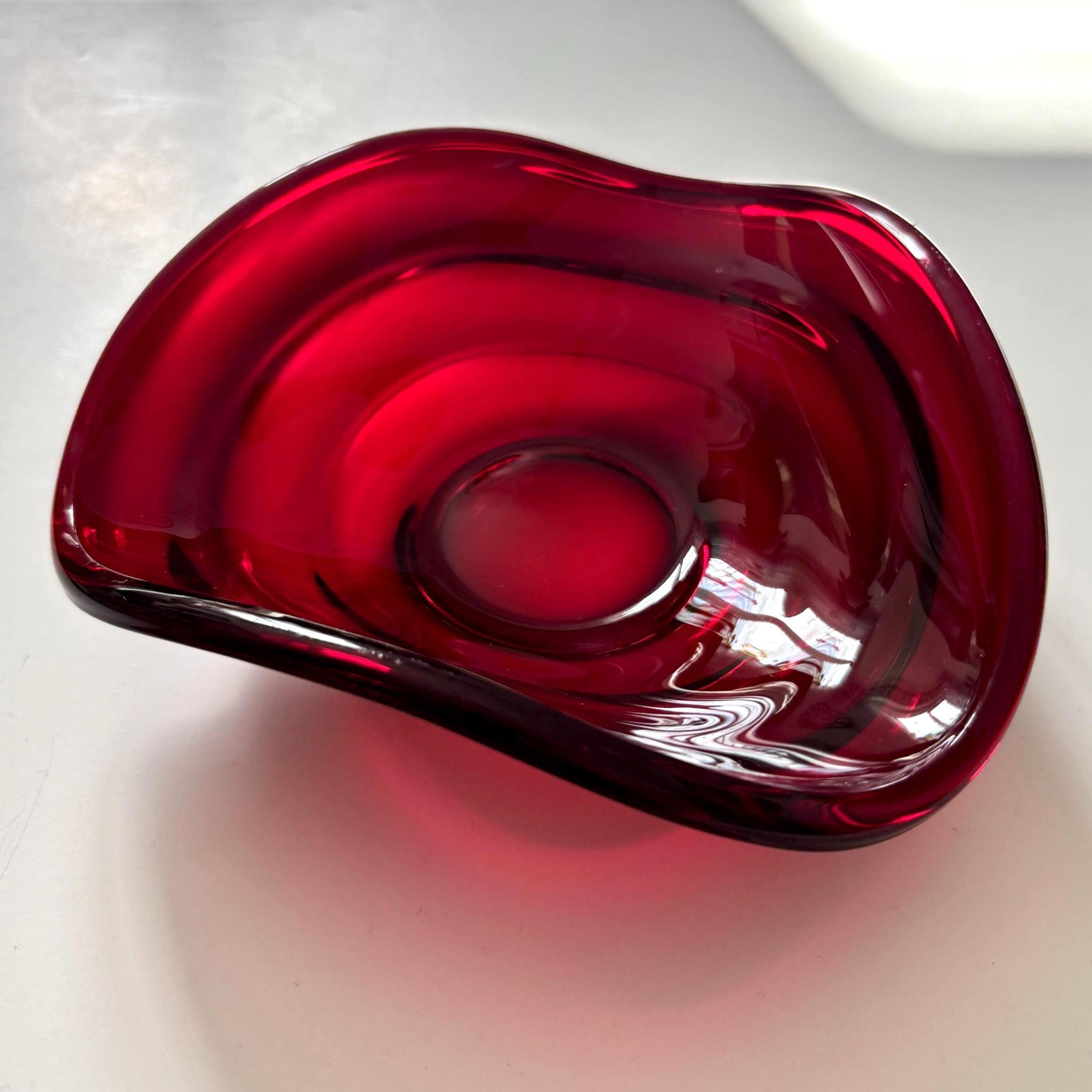 Vintage Ruby Red Art Glass Bowl Freeform Mid Century Scandinavian Style Dish