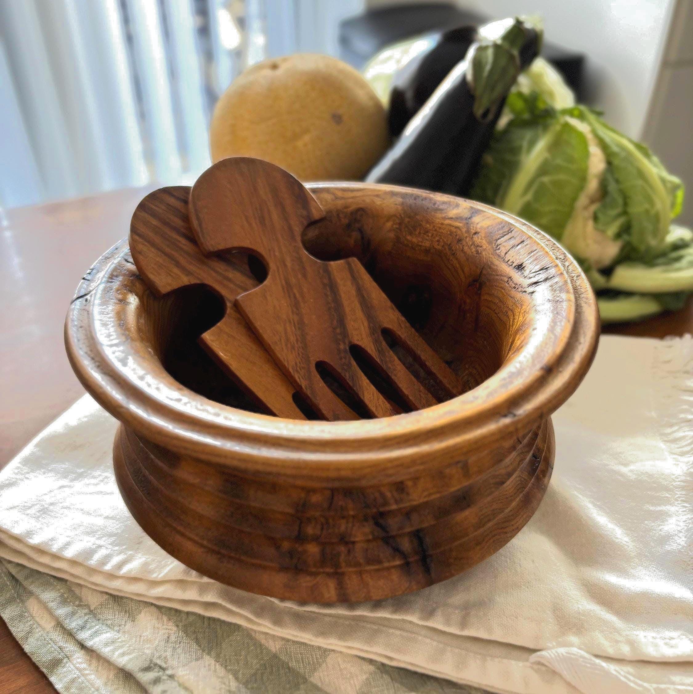 Vintage Burl Wood Salad Bowl Set Wooden Servers Rustic Farmhouse Kitchen Decor
