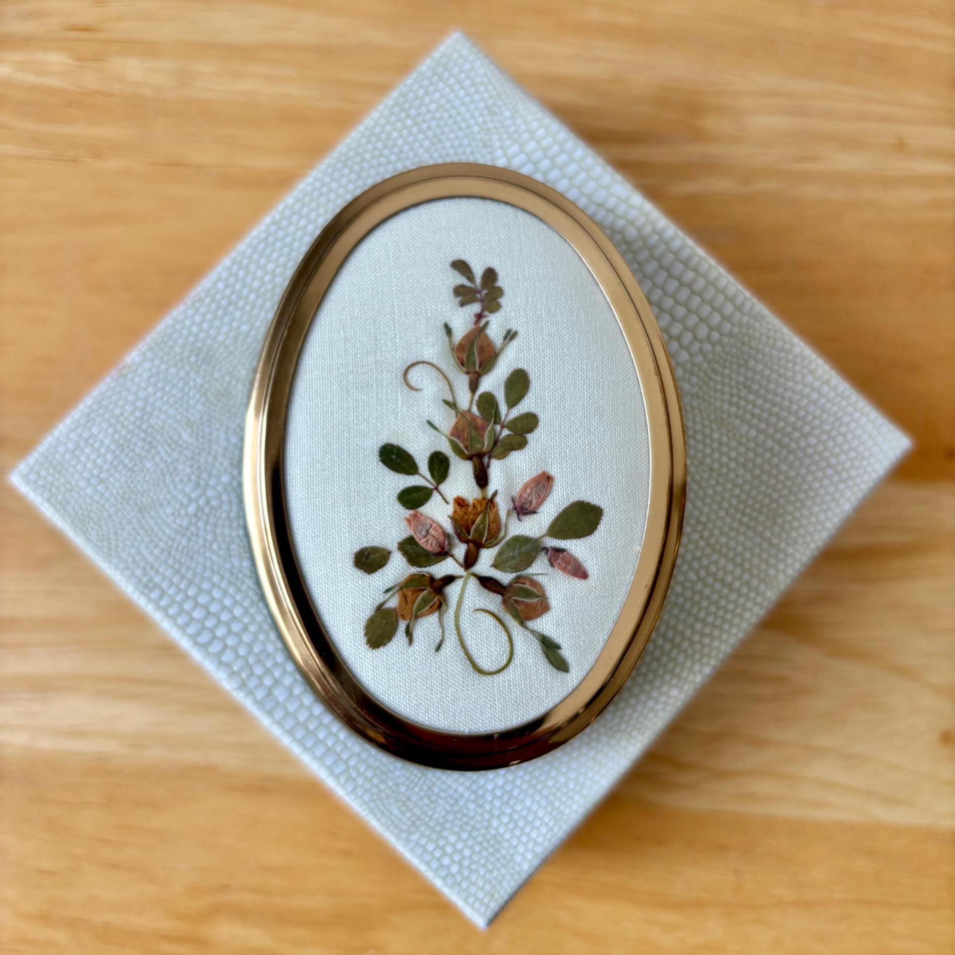 Vintage Ceramic Trinket Box: Pressed Flowers on Silk Lid
