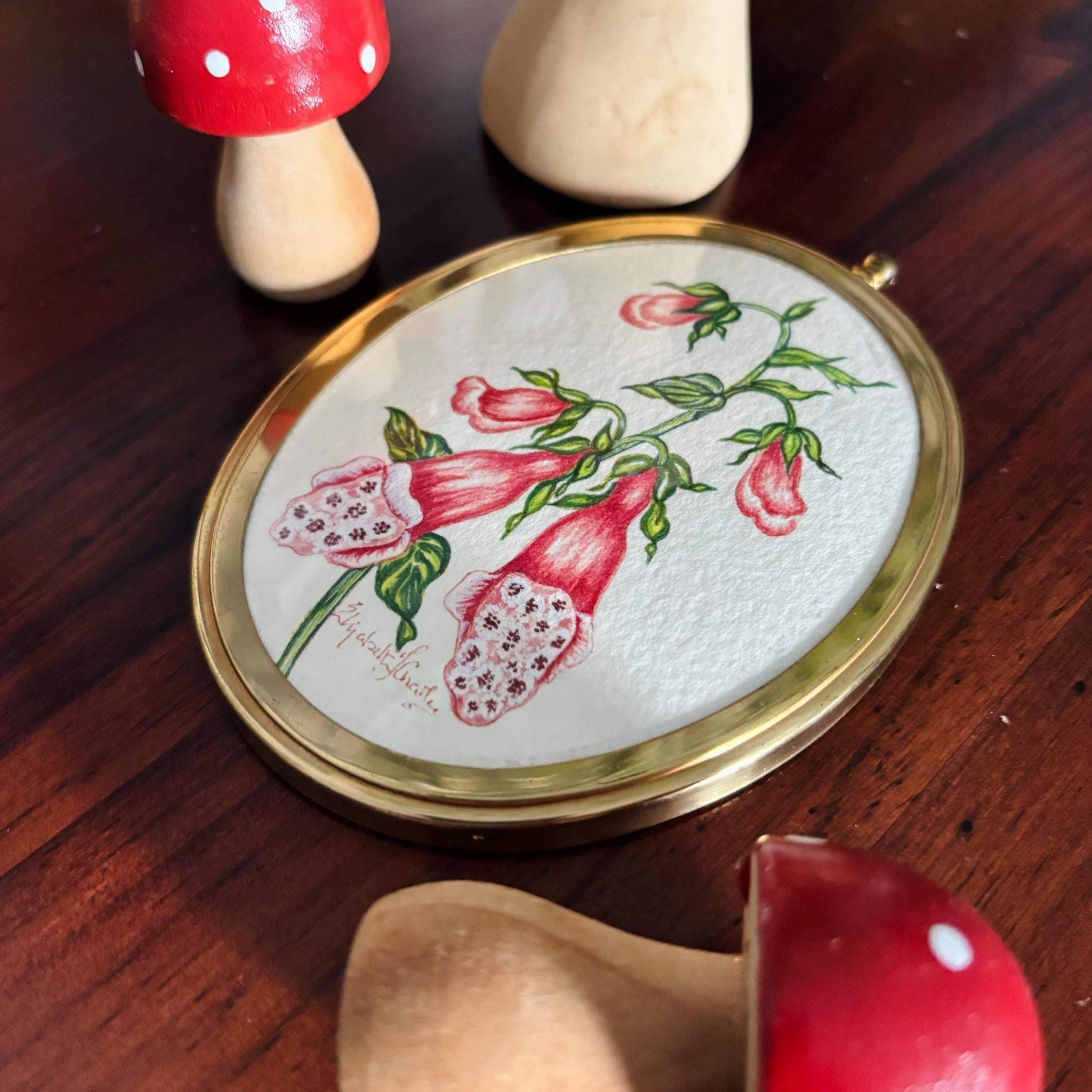 Miniature Foxglove Botanical Watercolour | Signed | Brass Tone Oval Frame
