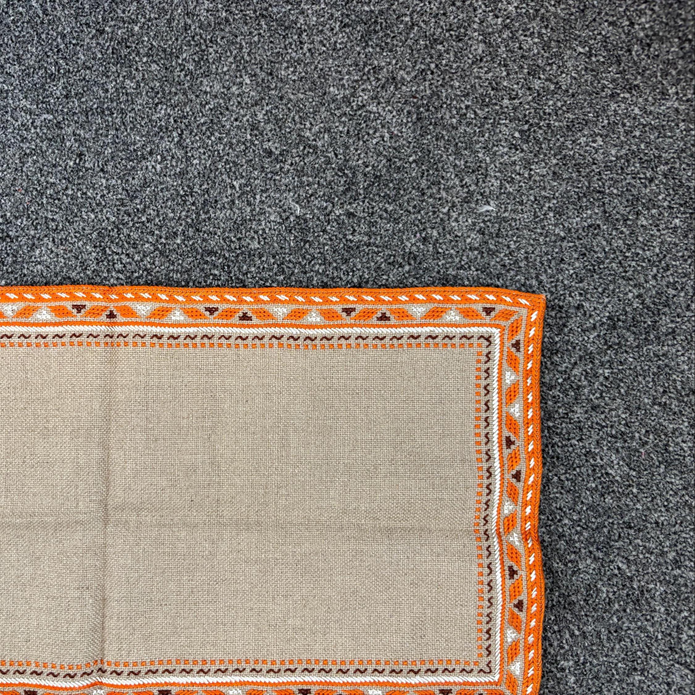 Vintage Bulgarian Hand Embroidered Linen Runner 56x26cm Orange Folk Border