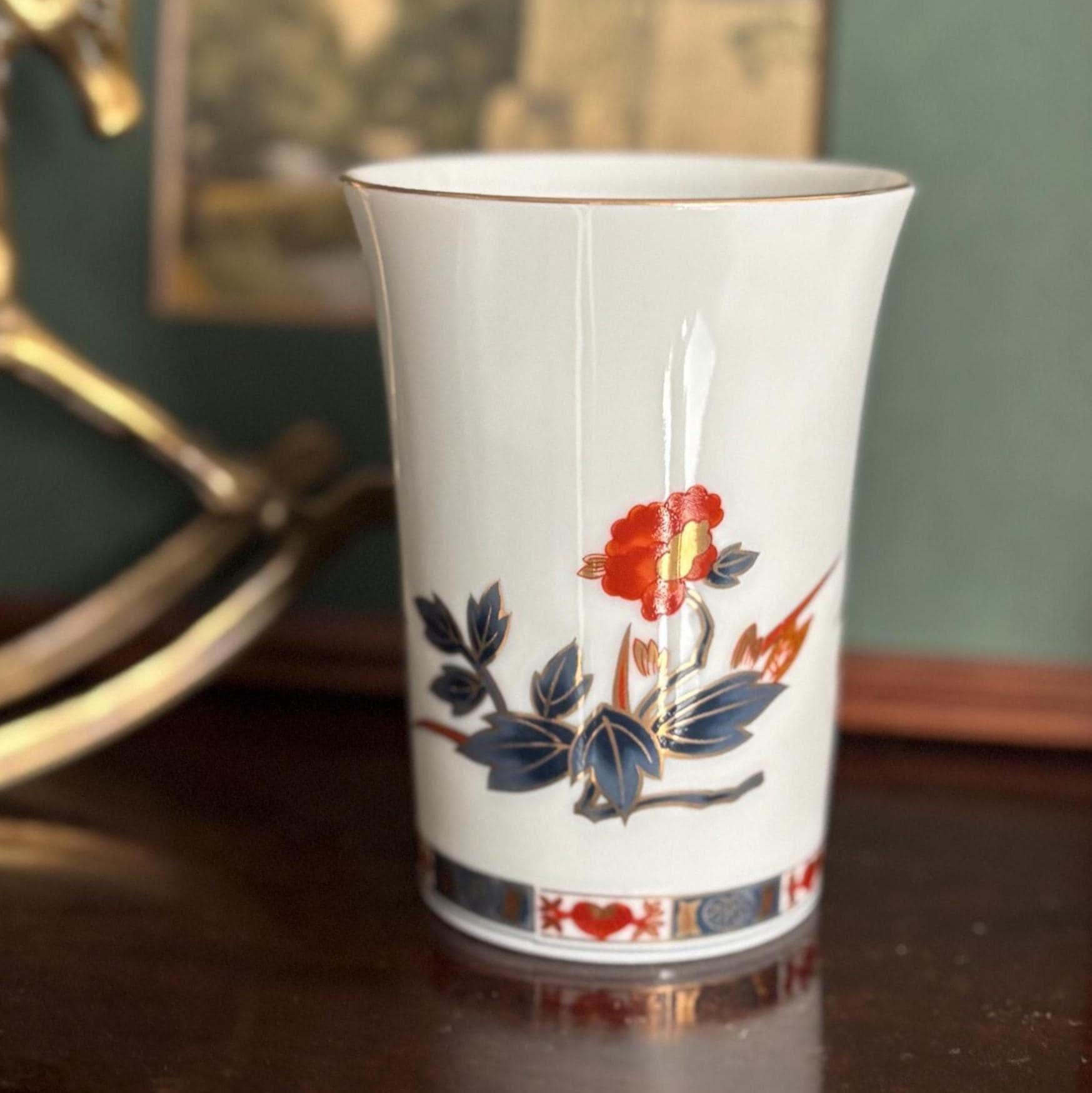 Vintage Japanese Imari Style Porcelain Tumbler Cup Iwai Pottery Red Blue Gold Floral