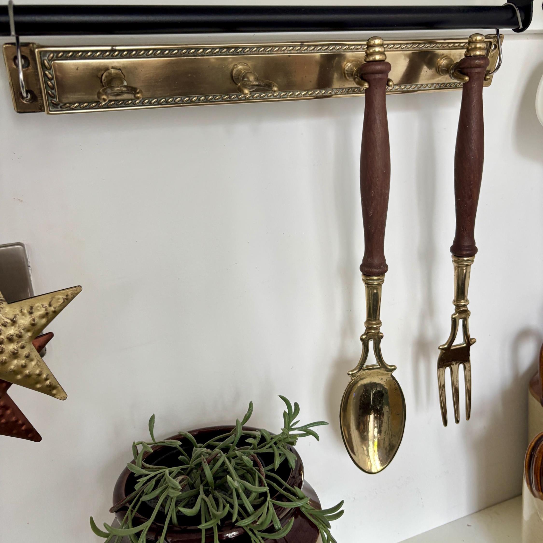 Vintage French Brass Kitchen Utensil Set: Fork & Spoon Wall Decor