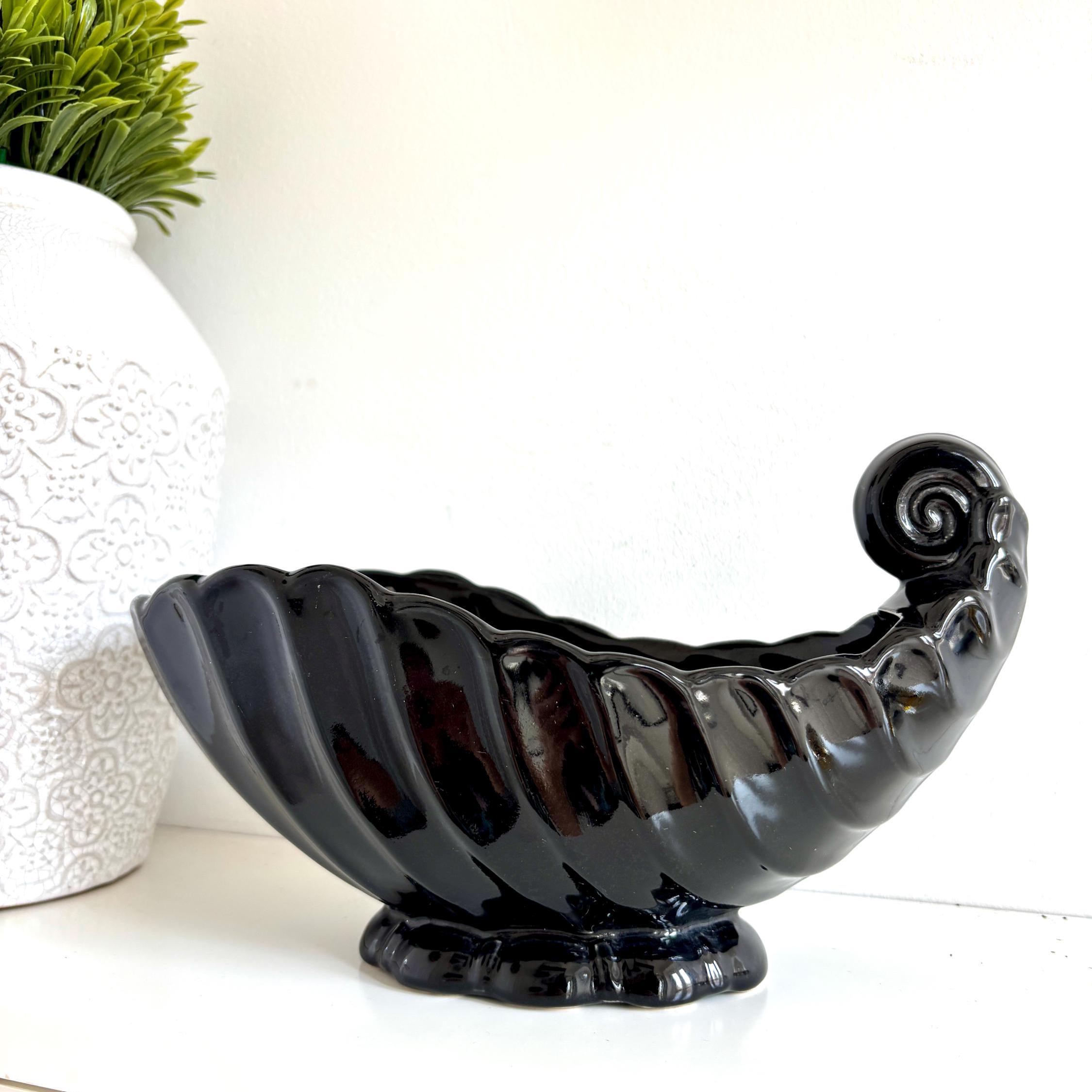 Vintage Black Ceramic Shell Vase: Mid-Century Modern Coastal Decor